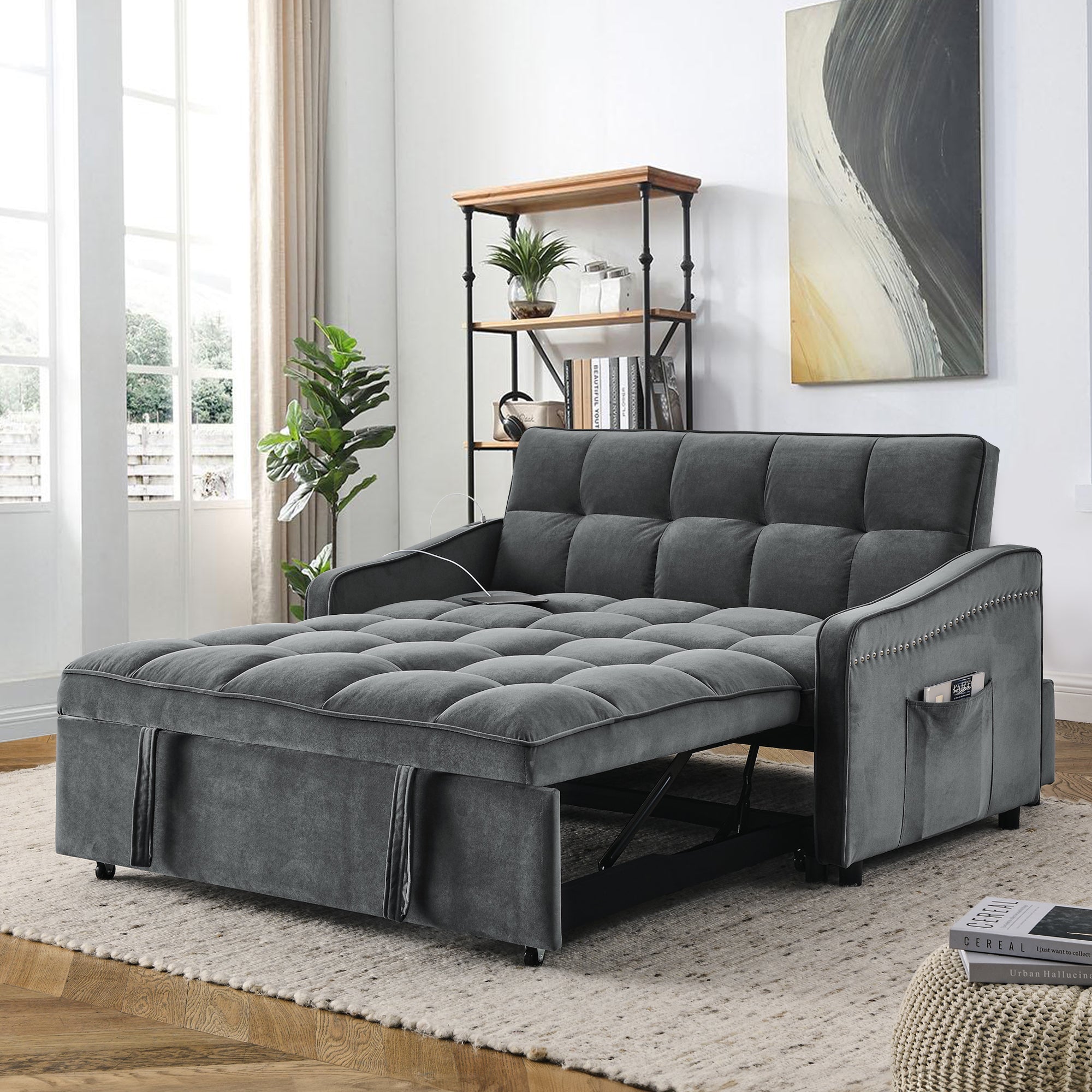 Dinosisco Pull Out Sofa Bed with Usb/Type-C, Loveseat Sleeper with Adjust Back, Convertible Sleeper Sofa for Apartment/Living Room, Gray Velvet