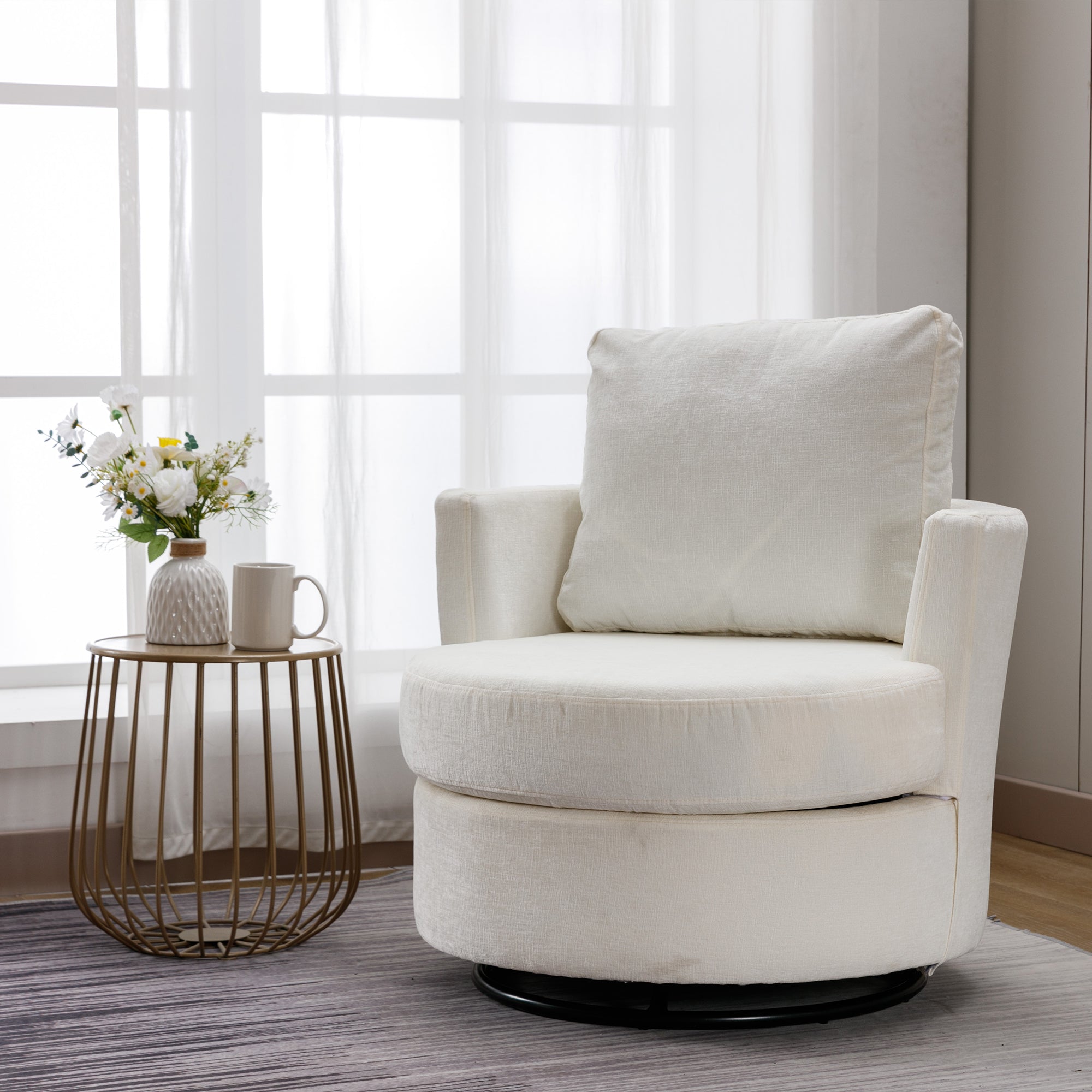 Dinosisco Swivel Barrel Chair, Chenille Accent Armchair for Living Room Bedroom, Beige