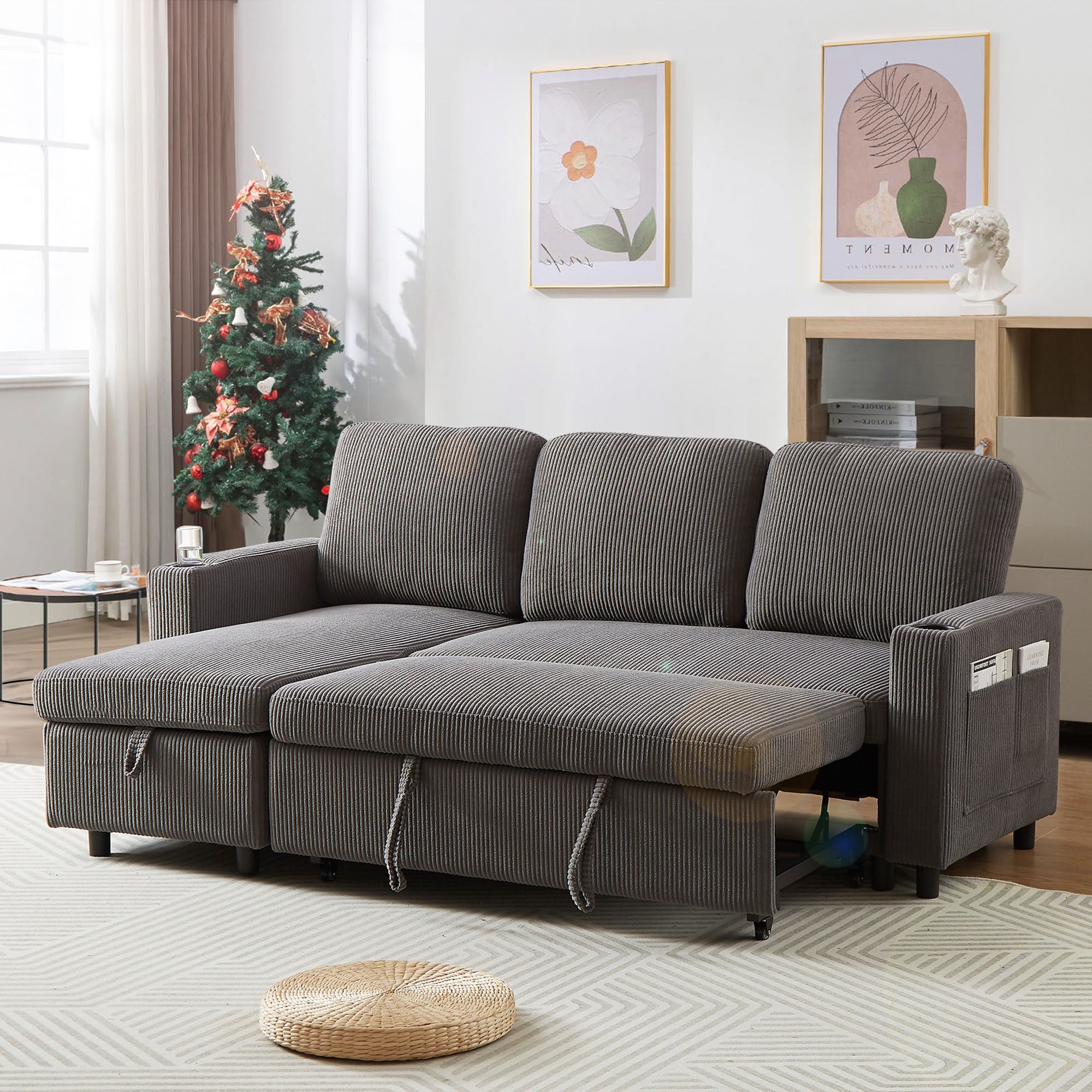 Dinosisco Sleeper Sofa Sectional, Convertible Sofa Bed with Reversible Storage Chaise, Cup Holders, Corduroy L-Shaped Sectional Sofa for Apartment, Living Room, Beige