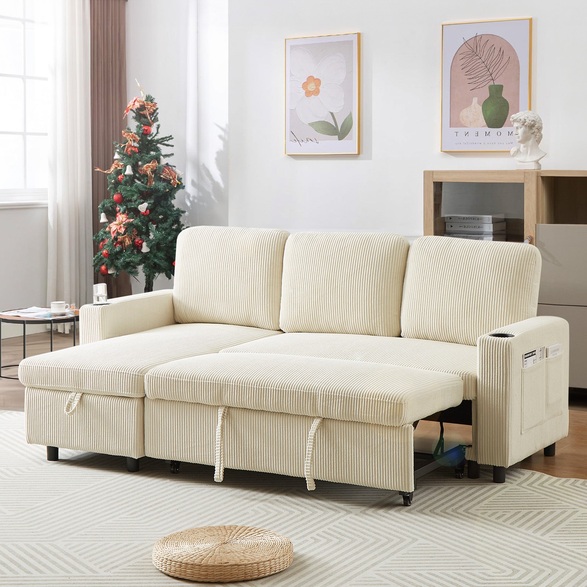Dinosisco Sleeper Sofa Sectional, Convertible Sofa Bed with Reversible Storage Chaise, Cup Holders, Corduroy L-Shaped Sectional Sofa for Apartment, Living Room, Beige