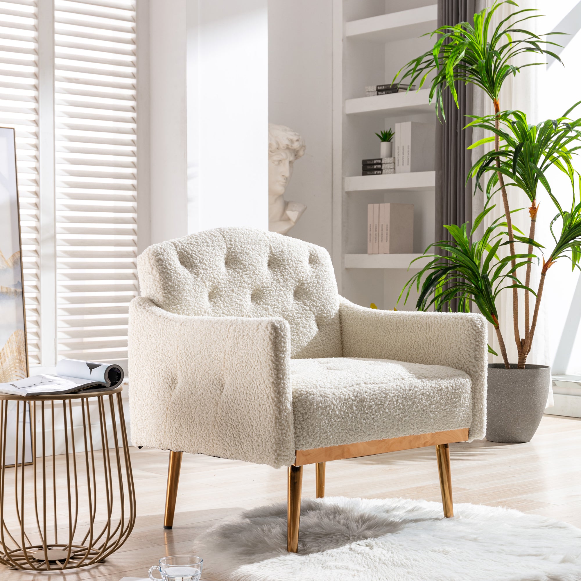 Dinosisco Modern Upholstered Accent Armchair for Living Room Bedroom, White Teddy