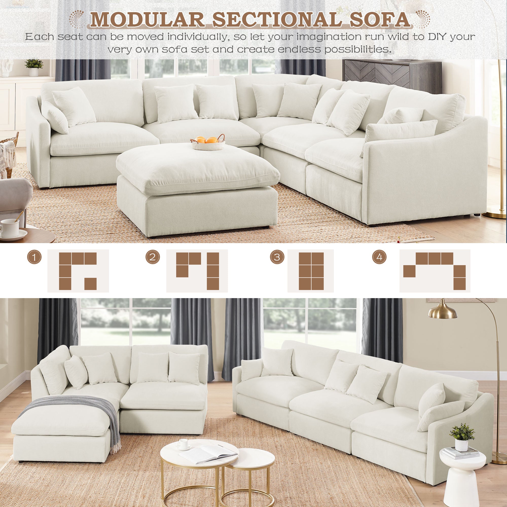 Dinosisco Modular Sectional Sofa with Large Ottoman, 119" Oversized Corner Sofa, Variable Sofa Couch Set, 6 Deep Seats L-Shaped Upholstered Cloud Couch for Living Room, Beige Chenille