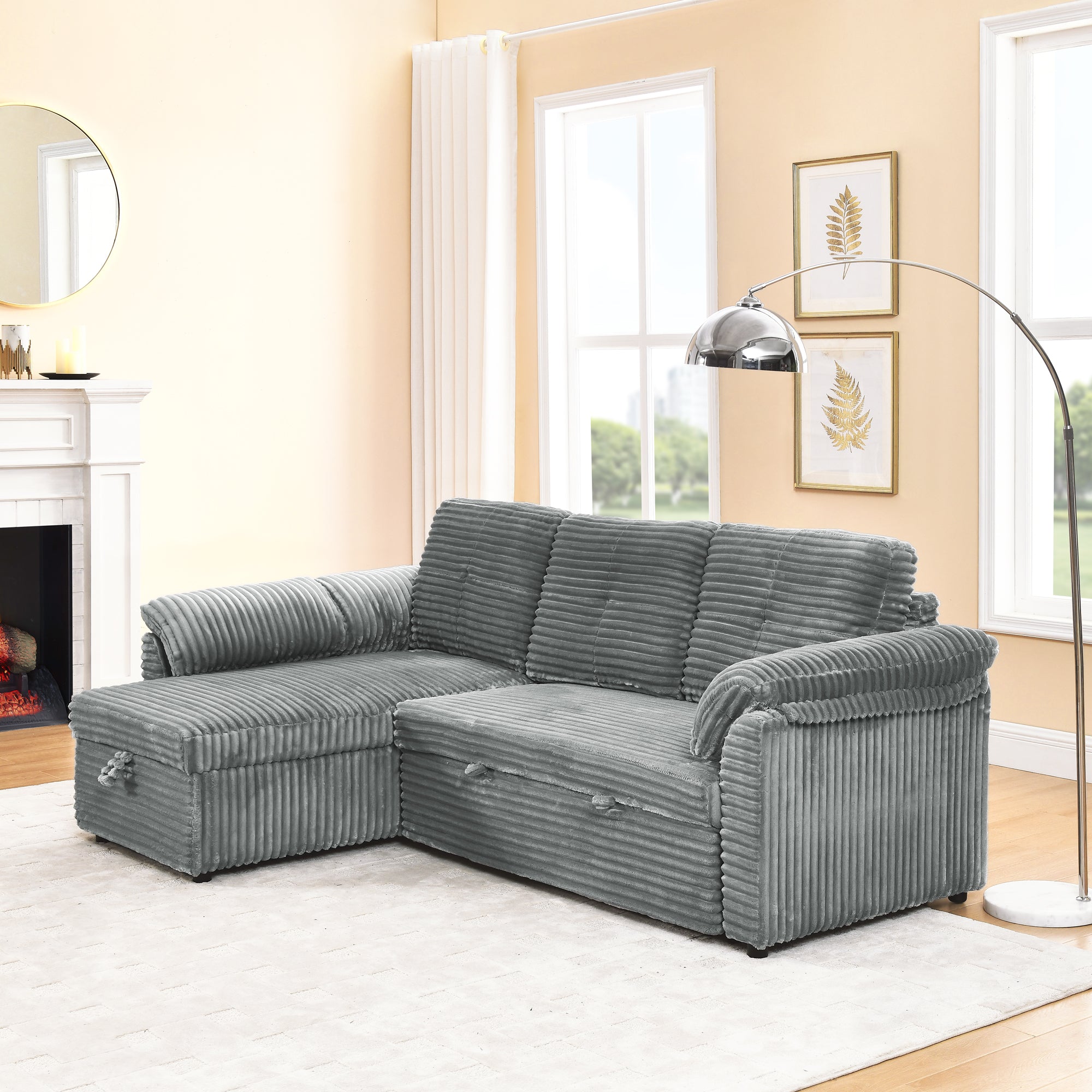 Dinosisco Sleeper Sofa Sectional, Convertible Sofa Bed with Storage Chaise, Corduroy L-Shaped Sectional Sofa for Apartment, Living Room, Gray