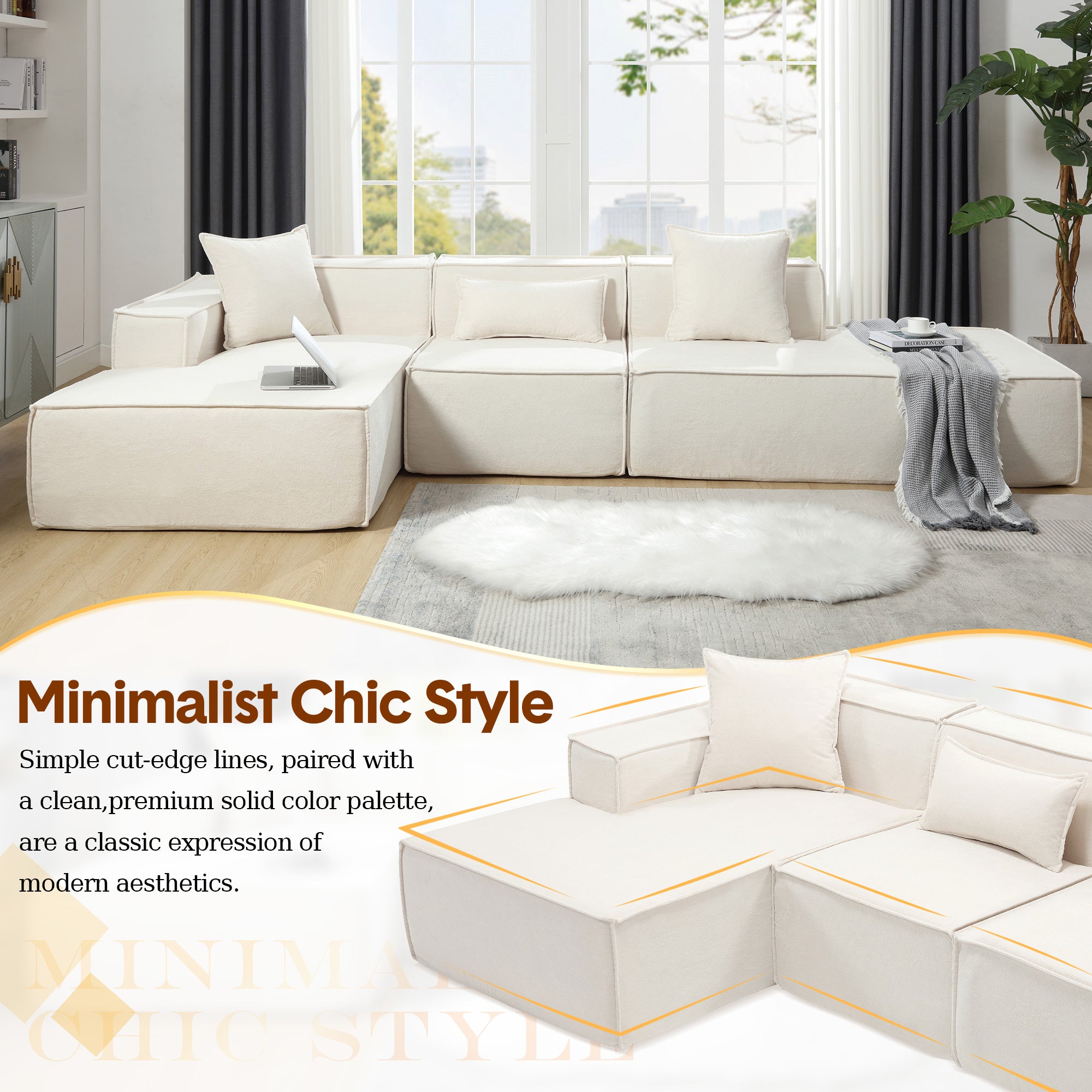 Dinosisco 129.5" Oversized Modular Sectional Sofa, Modern L-Shaped Couch with Left Chaise, 3 Pieces Living Room Sofa Set, No Assembly Required, Beige Chenille