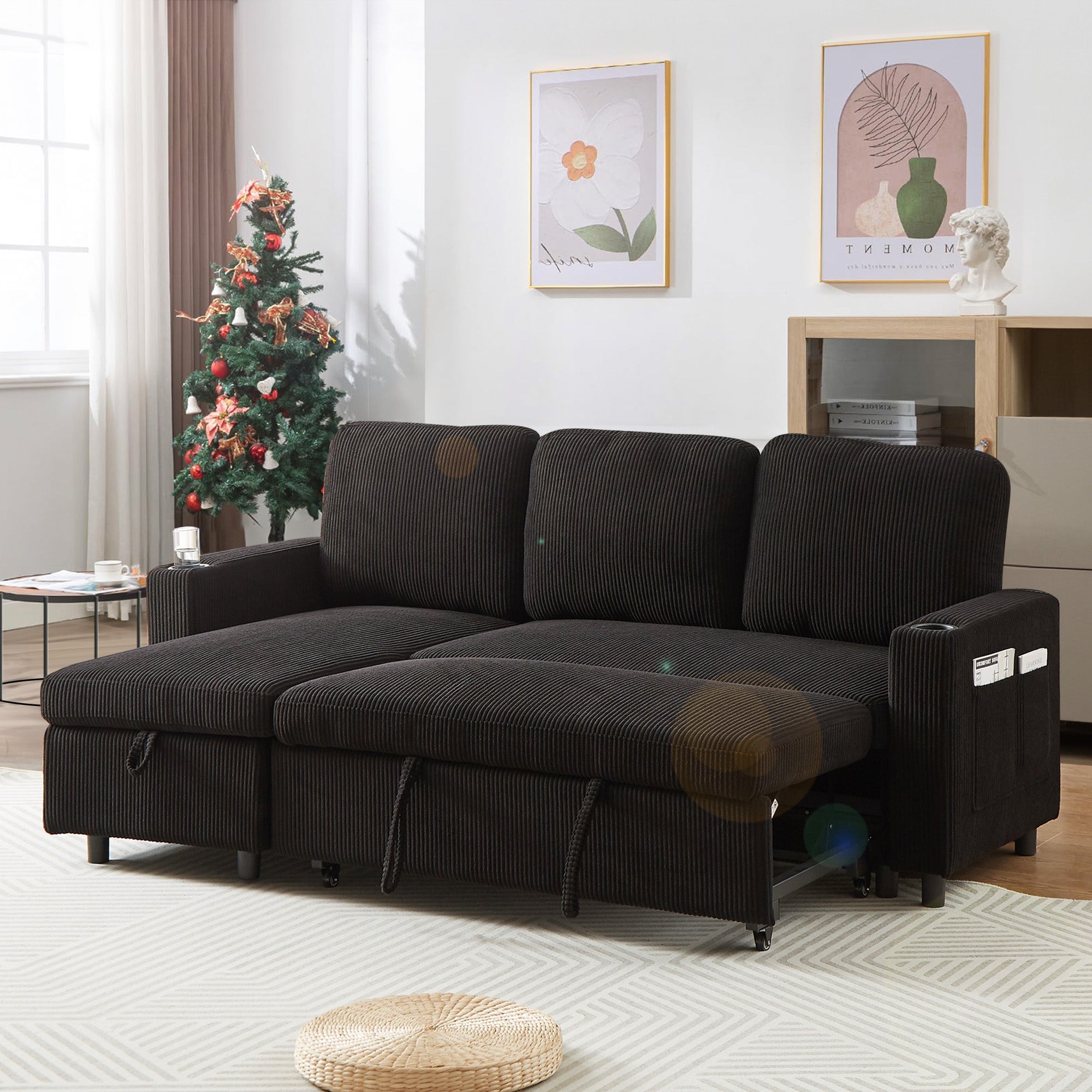 Dinosisco Sleeper Sofa Sectional, Convertible Sofa Bed with Reversible Storage Chaise, Cup Holders, Corduroy L-Shaped Sectional Sofa for Apartment, Living Room, Beige