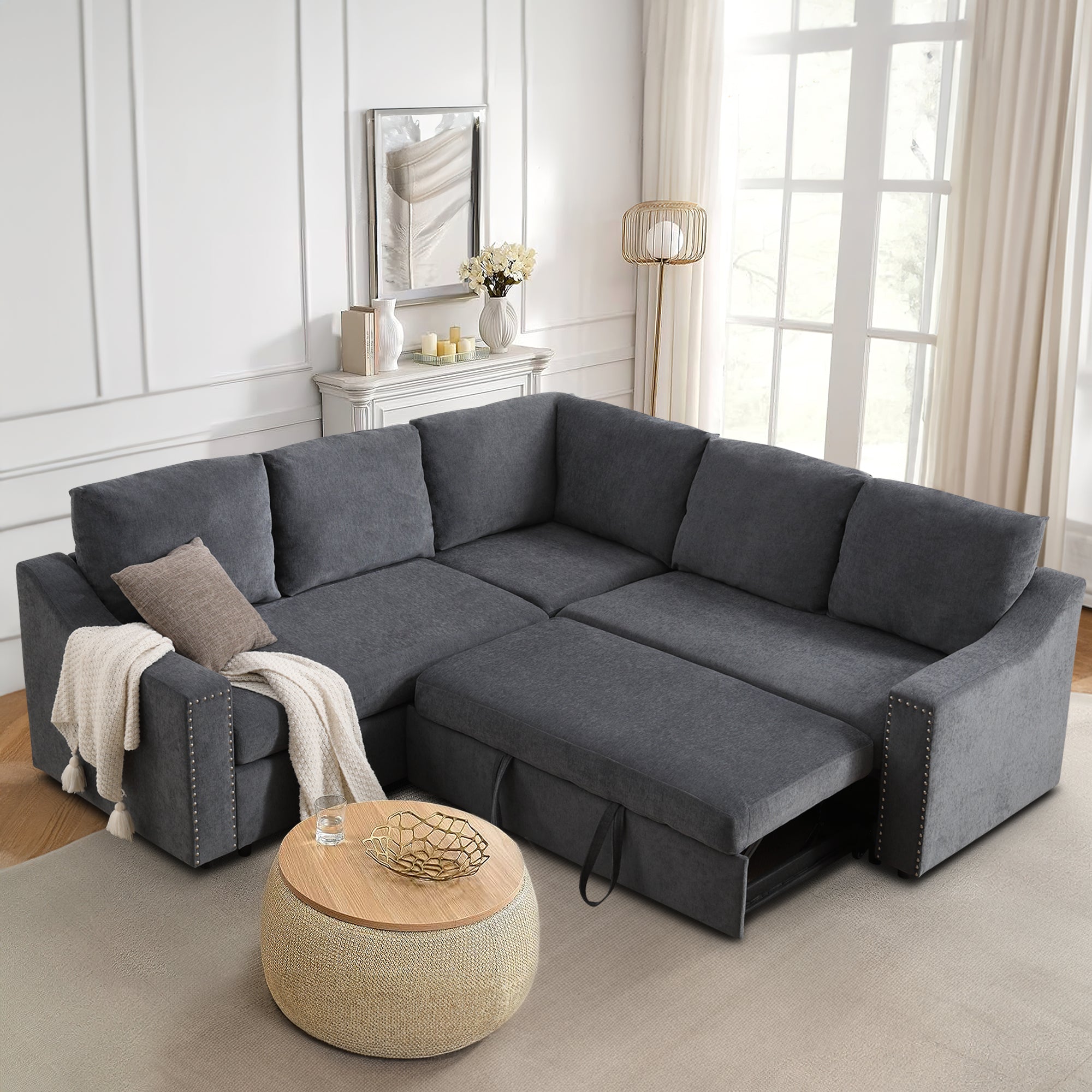 Dinosisco Couch and Sofa Sectional, 81.7" Corner Sofa with Pull-Out Bed, L-Shaped Sleeper Sectional Sofa, Living Room Furniture Set, Beige Chenille