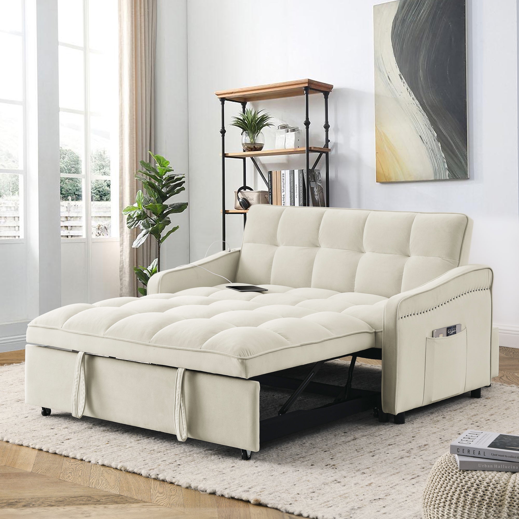 Dinosisco Pull Out Sofa Bed with Usb/Type-C, Loveseat Sleeper with Adjust Back, Convertible Sleeper Sofa for Apartment/Living Room, Gray Velvet