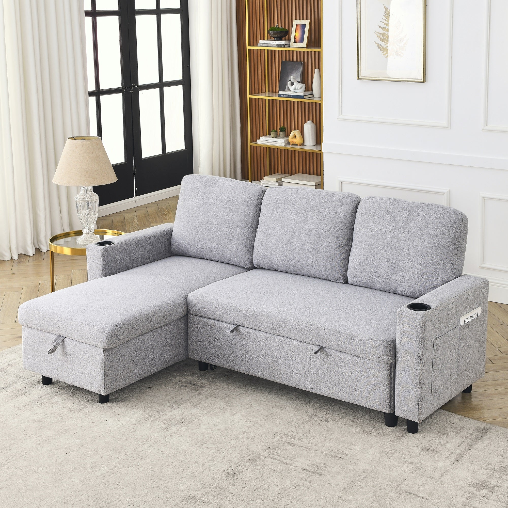 Dinosisco Sleeper Sofa Sectional, Convertible Sofa Bed with Reversible Storage Chaise, Cup Holders, L-Shaped Sectional Sofa for Apartment, Living Room, Light Gray Linen