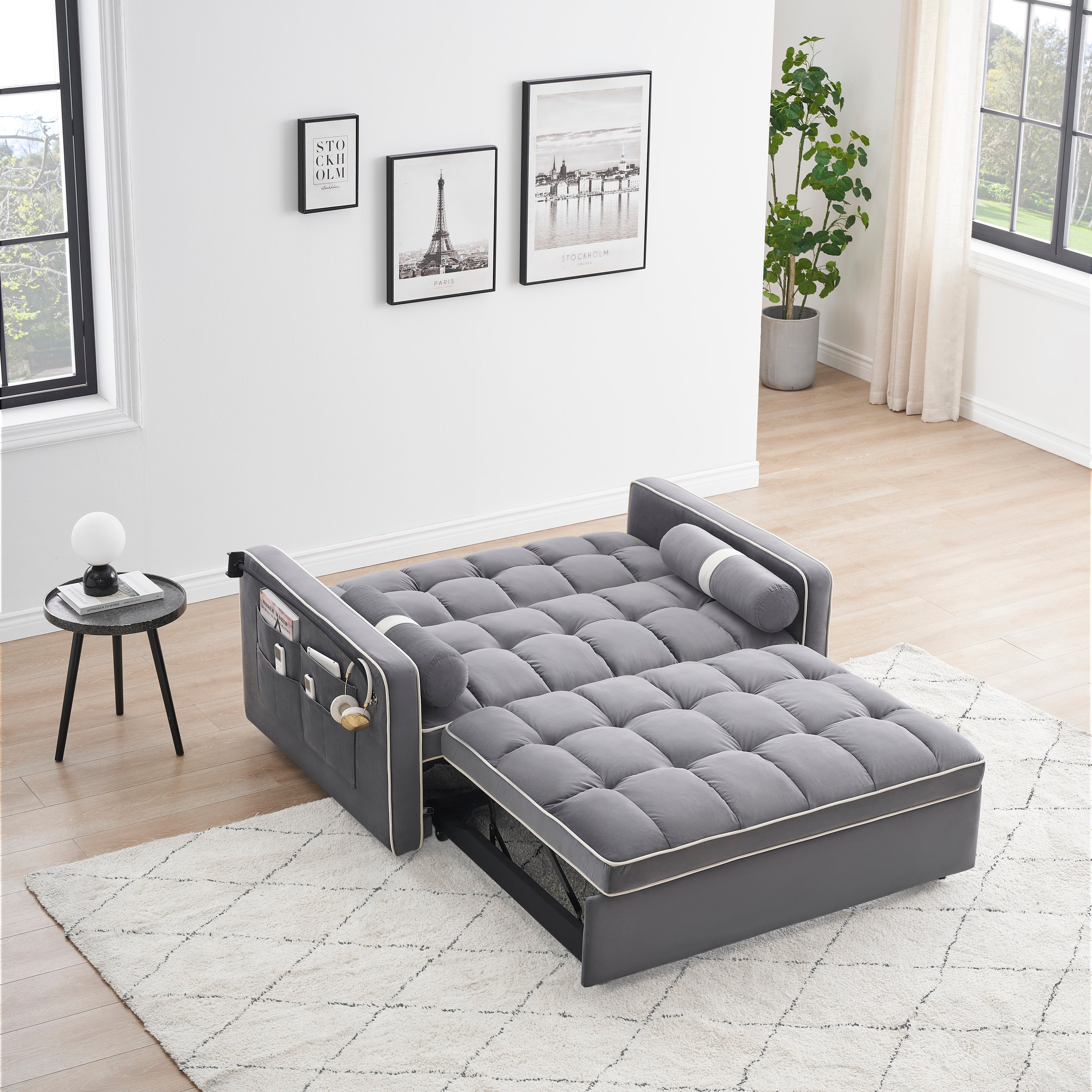 Dinosisco 55" Convertible Loveseat Sleeper, Upholstered Tufted Sofa Bed for Living Room, Gray Velvet