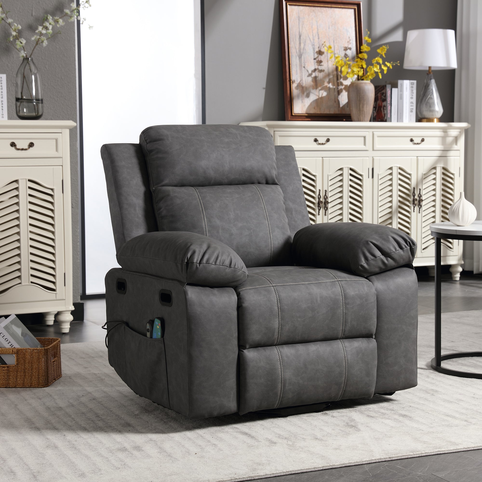 Muumblus Power Lift Recliner Chair Electric Recliners for Elderly, Heat and Massage, PU Leather Sofa Chair for Living Room Bedroom, Gray