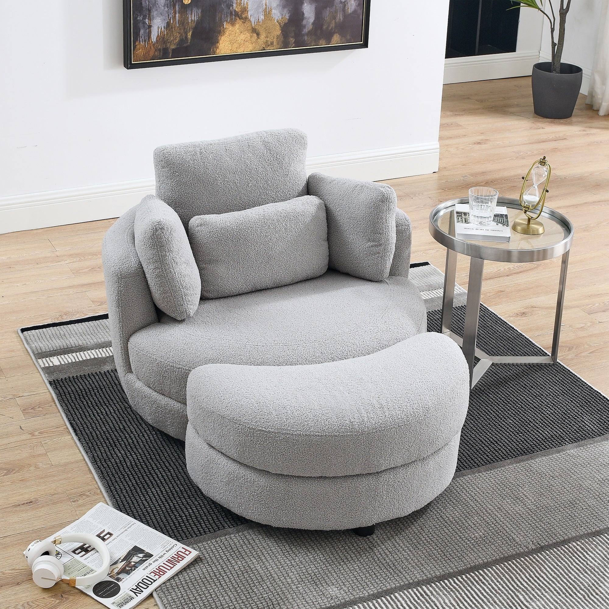 Dinosisco 39"W Oversized Swivel Accent Barrel Chair with Storage Ottoman, Gray Teddy