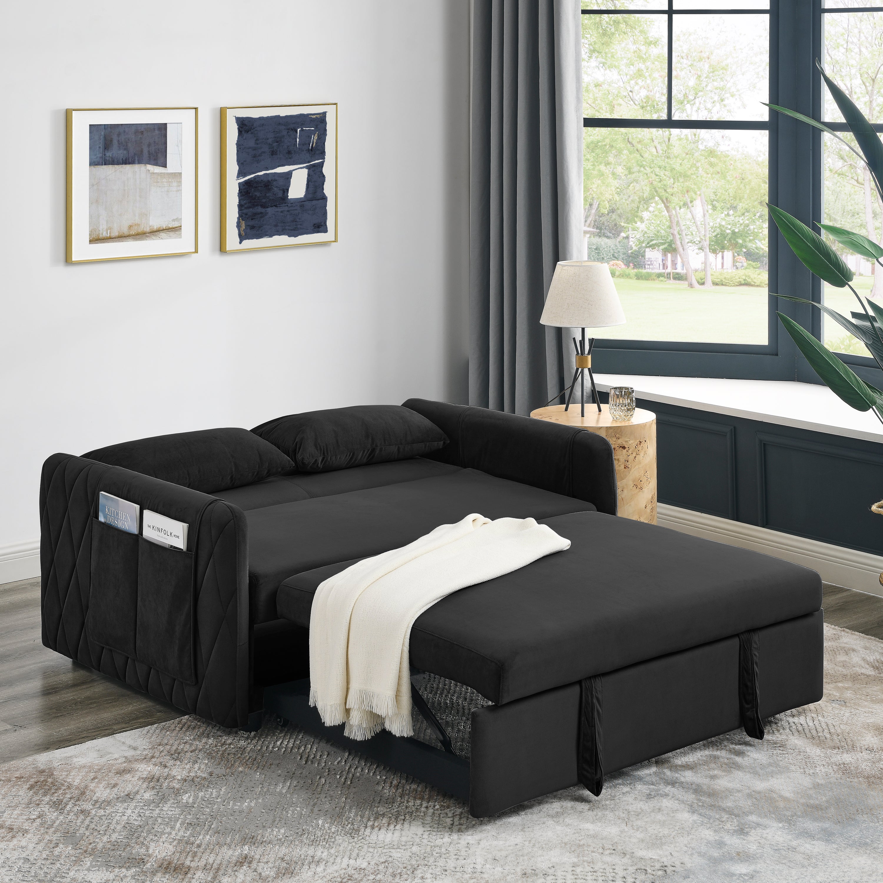 Dinosisco Convertible Loveseat Sleeper for Living Room, Modern Upholstered Futon Sofa Bed in Black