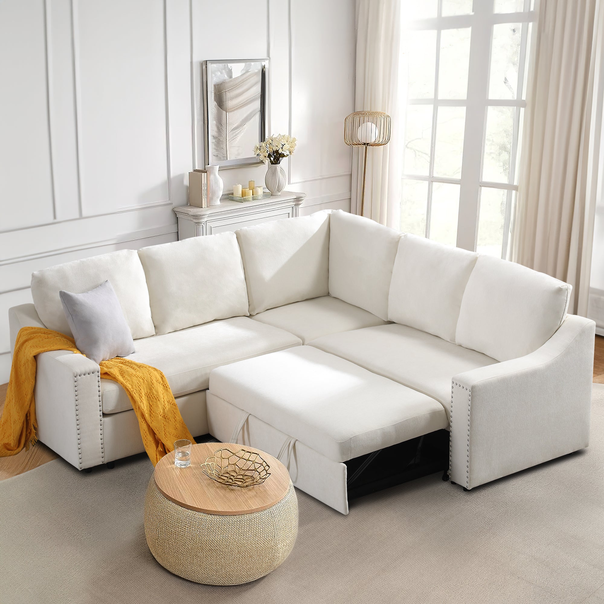 Dinosisco Couch and Sofa Sectional, 81.7" Corner Sofa with Pull-Out Bed, L-Shaped Sleeper Sectional Sofa, Living Room Furniture Set, Beige Chenille