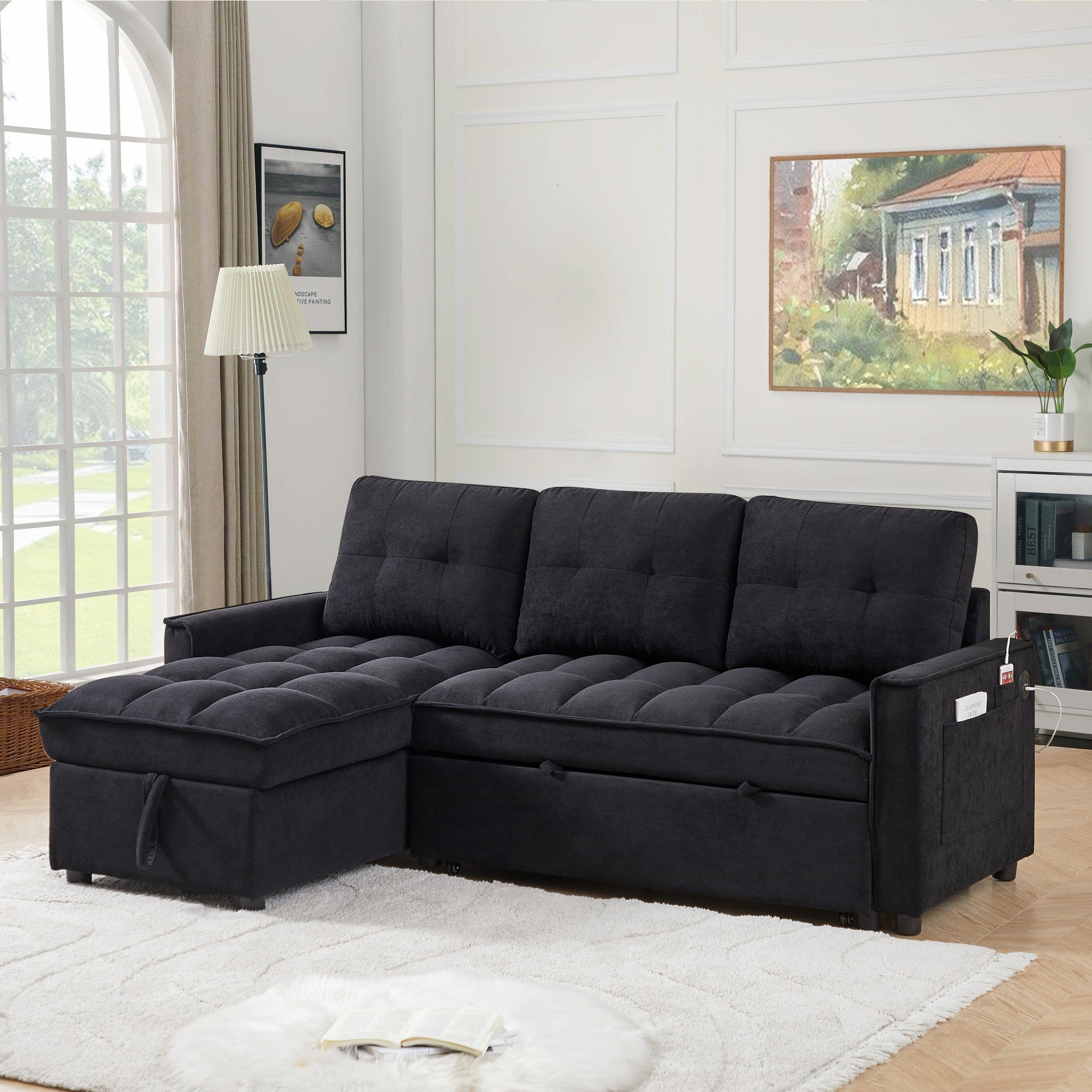 Dinosisco Convertible Sofa Bed with Reversible Storage Chaise, Sleeper Sectional Sofa with USB Charging Ports, L-Shaped Sectional Sofa for Apartment, Black Chenille