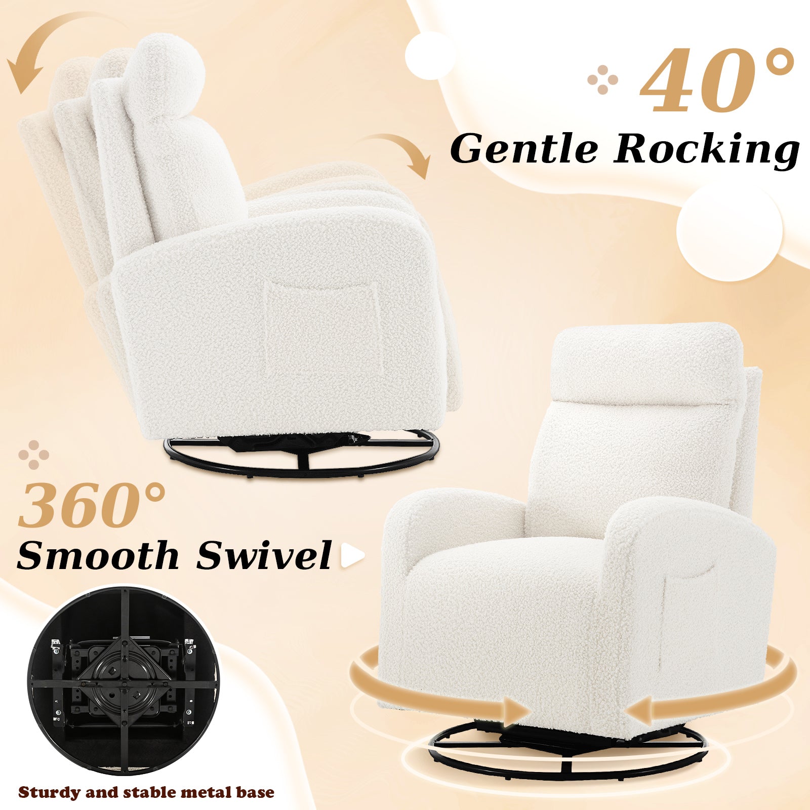 Dinosisco Teddy Glider Rocking Chair for Living Room, High Back Upholstered Swivel Glider Rocker for Nursery, White