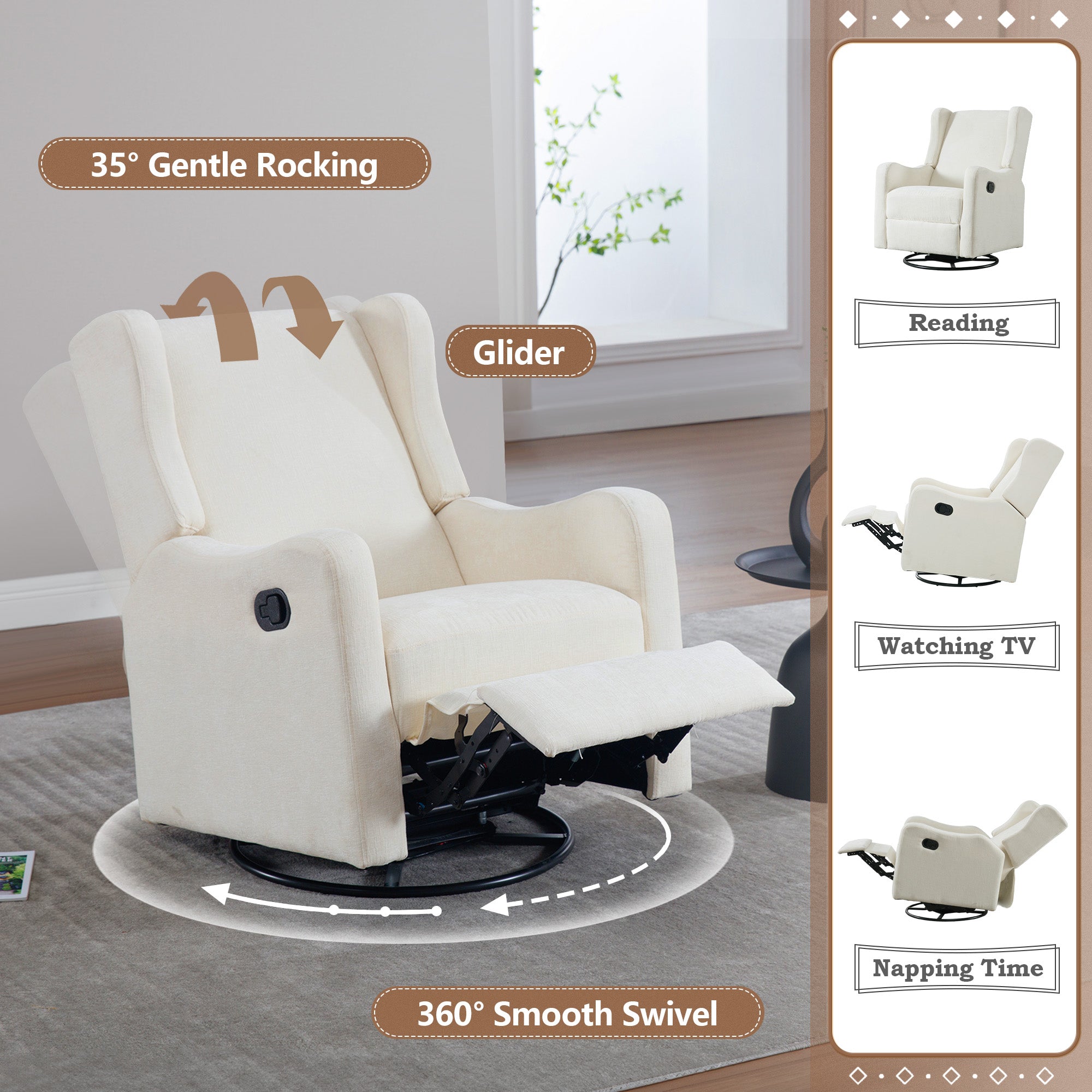 Dinosisco Swivel Glider Rocking Chair for Nursery, Wingback Upholstered Glider Rocker for Living Room, Beige Chenille Fabric