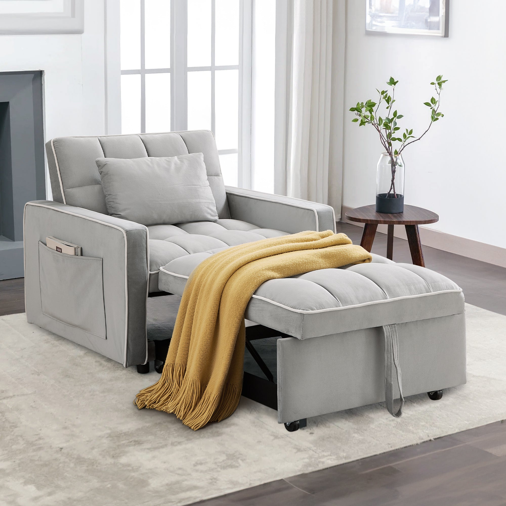 Dinosisco 3-in-1 Convertible Chair Bed, Sleeper Chair Lounge Chair Indoor, Modern Single Pull Out Couch for Living Room, Black Velvet