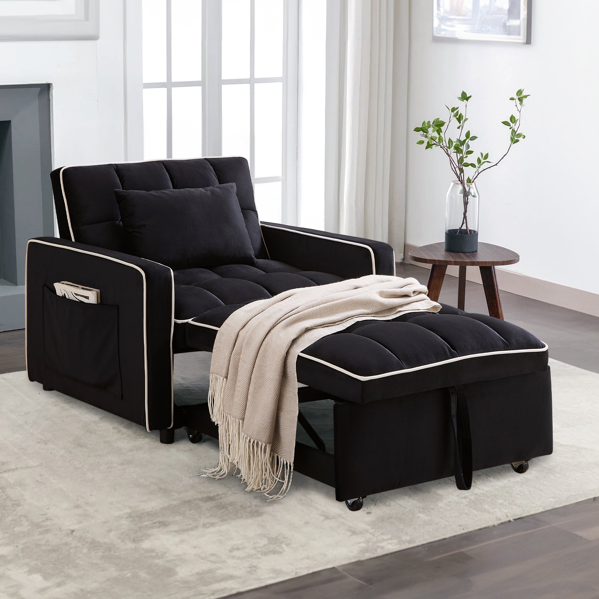 Dinosisco 3-in-1 Convertible Chair Bed, Sleeper Chair Lounge Chair Indoor, Modern Single Pull Out Couch for Living Room, Black Velvet