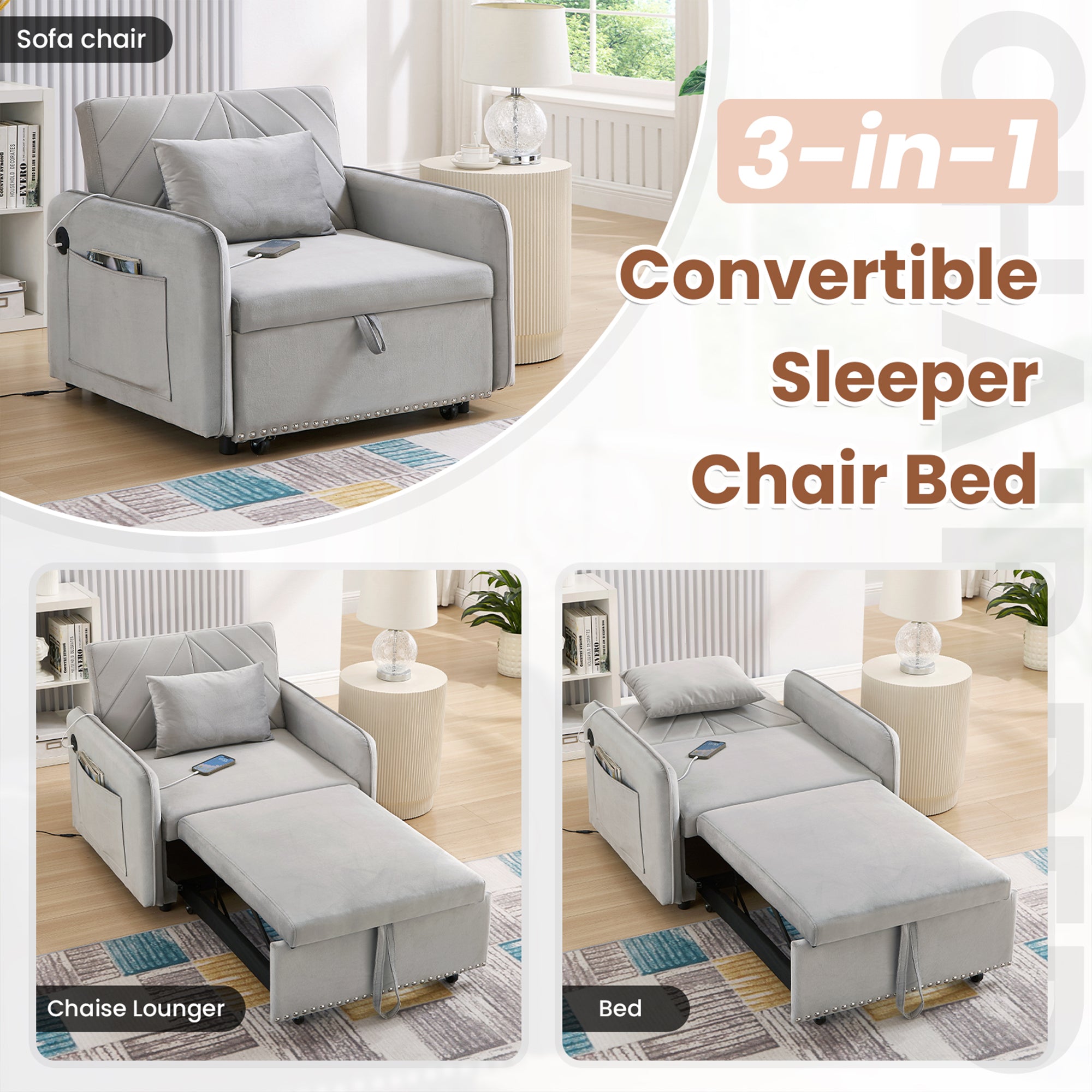 Dinosisco 3-in-1 Convertible Sleeper Chair Bed, Indoor Lounge Chair with USB/Type-C Charging Ports, Modern Recliner Sofa for Living Room, Gray Velvet