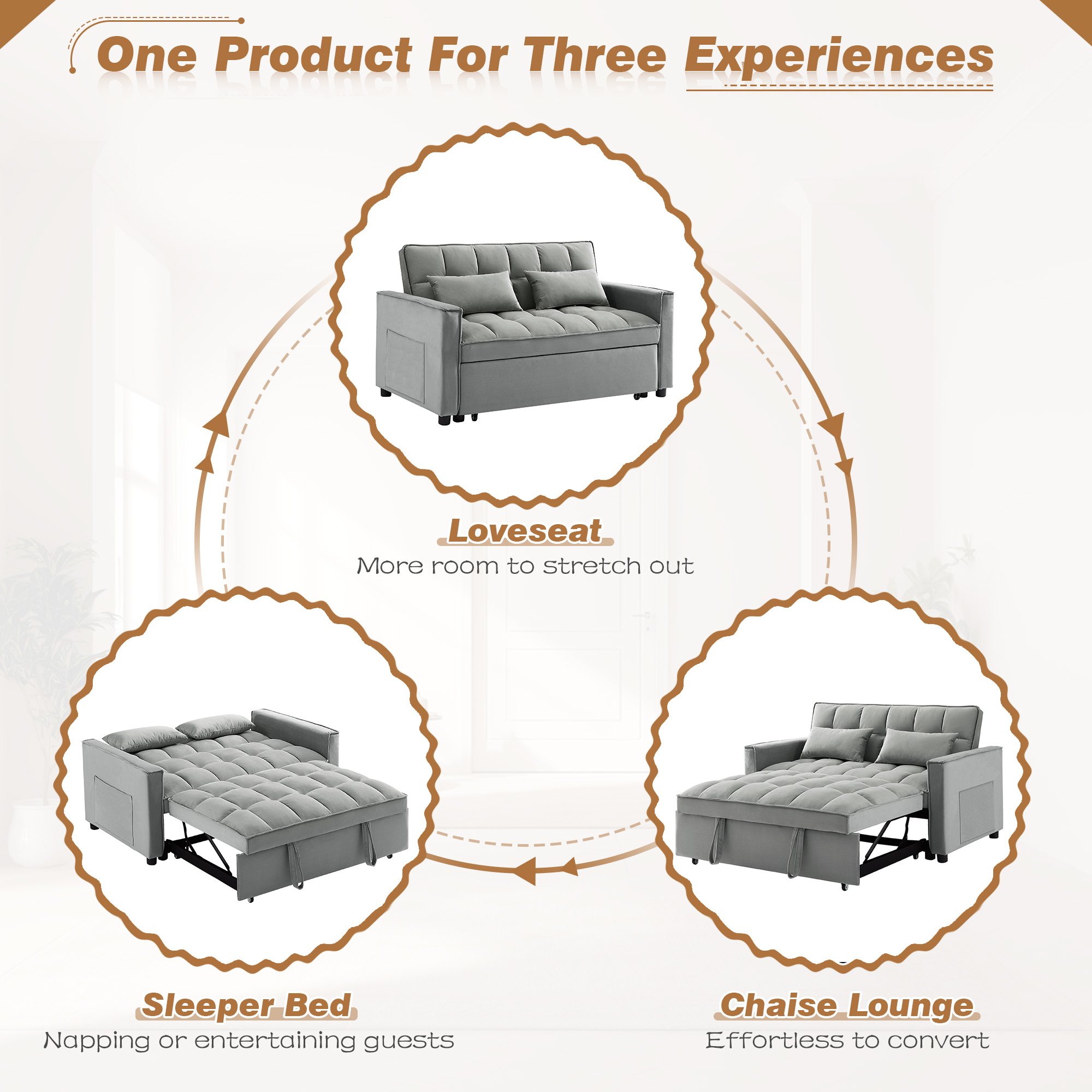 Dinosisco 3 in 1 Convertible Pull Out Sofa Bed, 55" Velvet Sleeper Loveseat, Gray