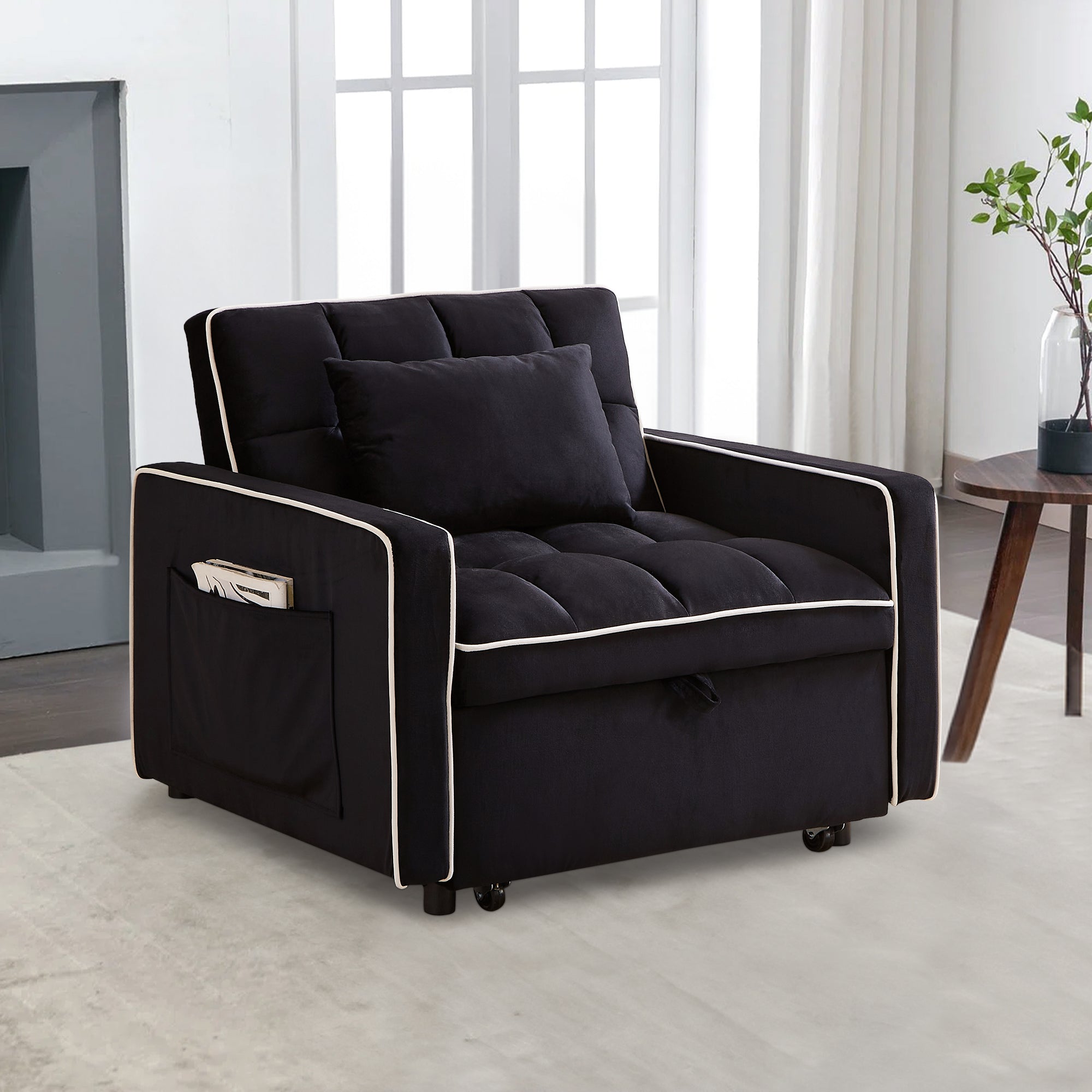 Dinosisco 3-in-1 Convertible Chair Bed, Sleeper Chair Lounge Chair Indoor, Modern Single Pull Out Couch for Living Room, Black Velvet