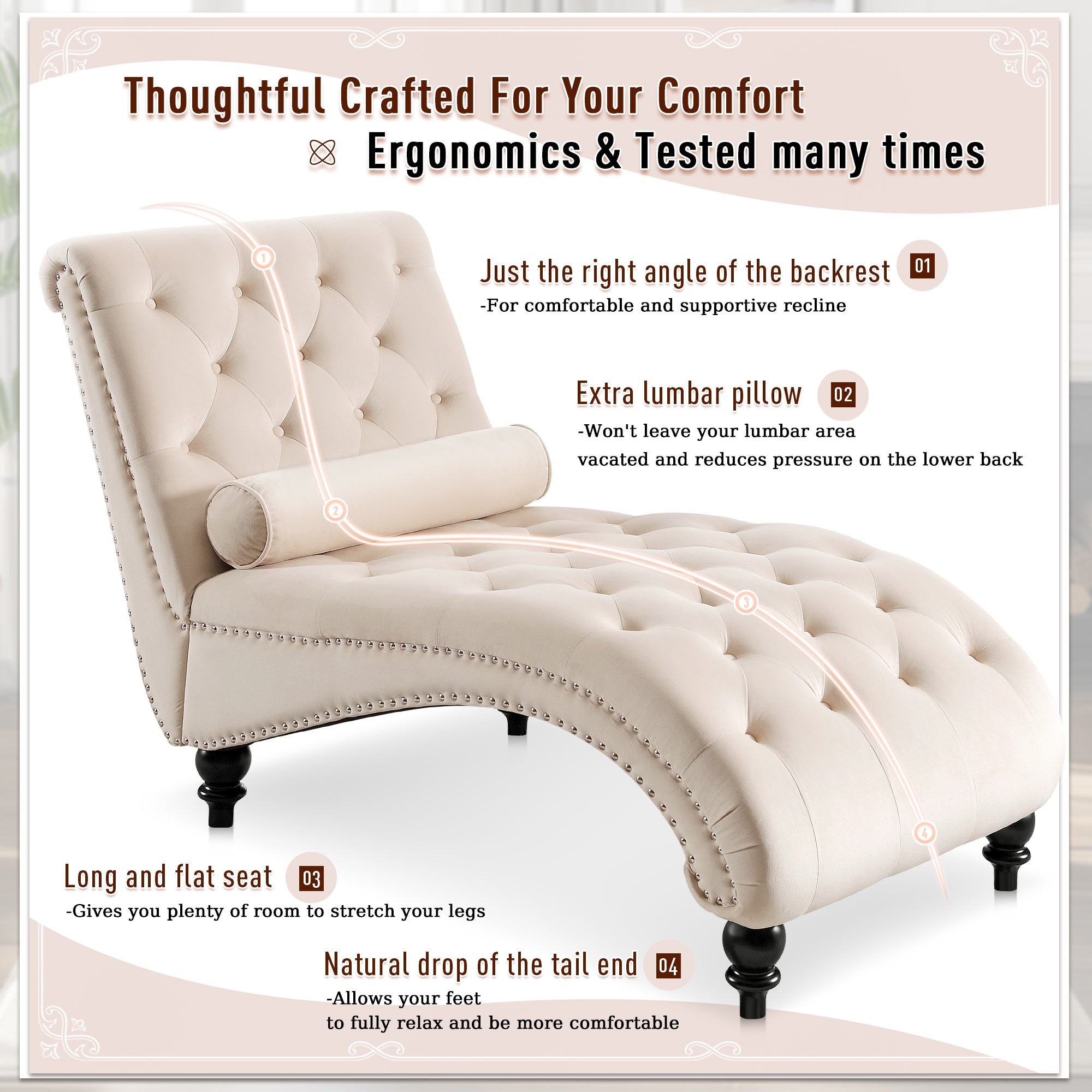 Dinosisco Chaise Lounge Indoor, Tufted Upholstered Accent Chair for Living Room, Beige Velvet