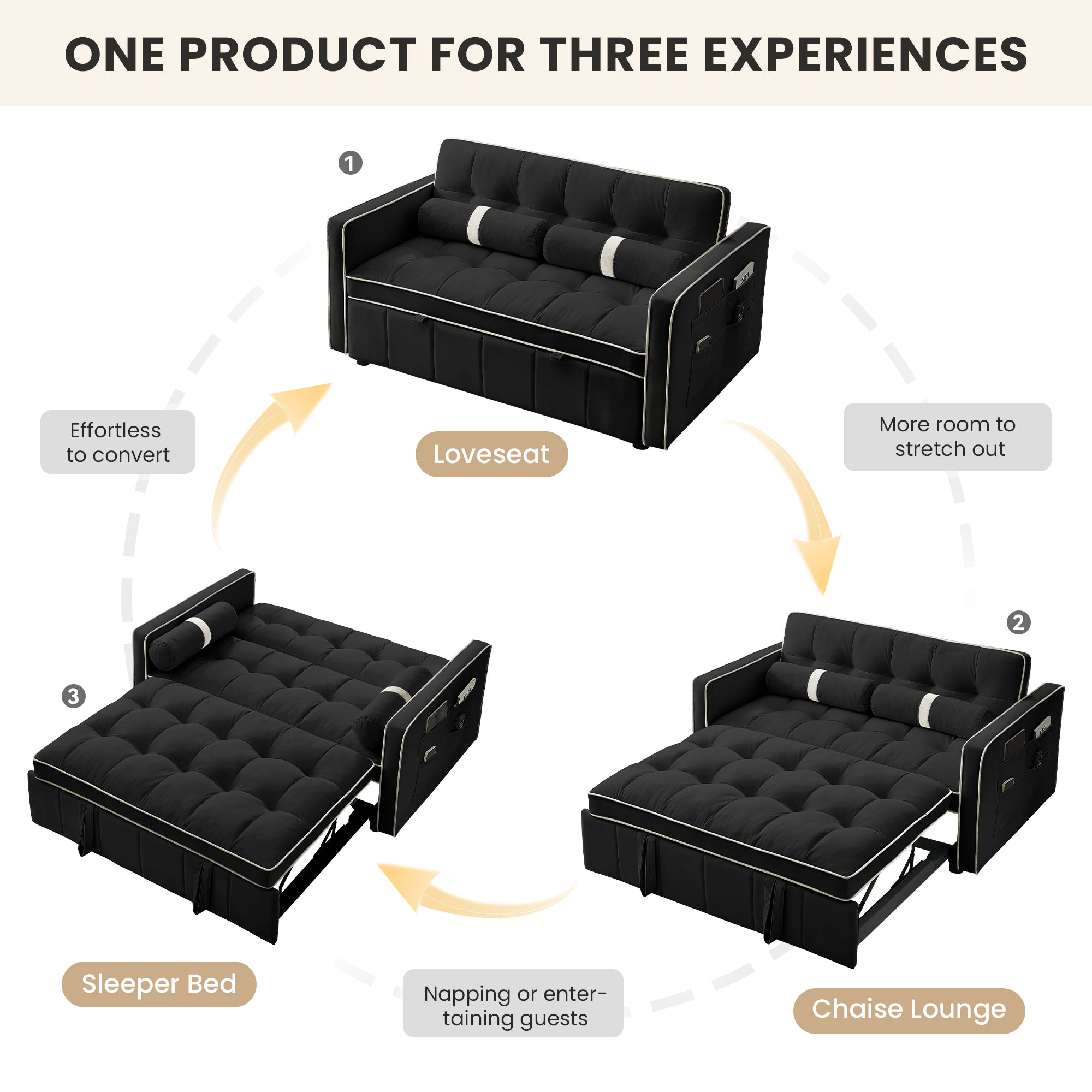 Dinosisco 3 in 1 Convertible Pull Out Sofa Bed, 55" Velvet Loveseat Sleeper for Living Room, Black