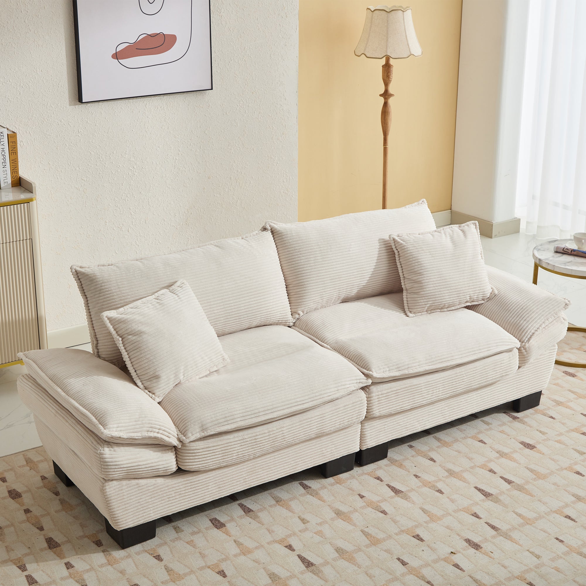 Dinosisco Deep Seat Loveseat Sofa, Corduroy Upholstered Sleeper Couch for Living Room, Beige