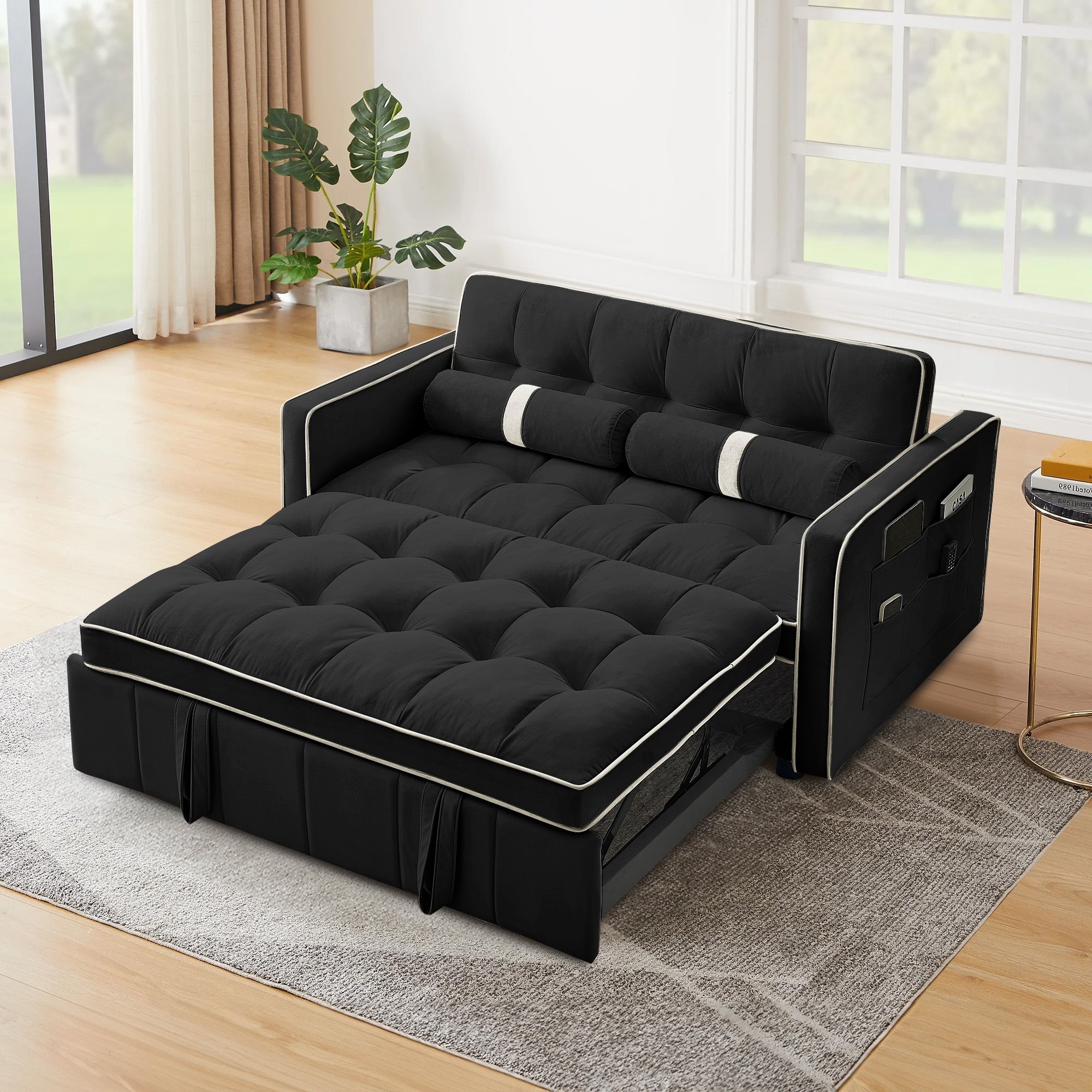 Dinosisco 55" Pull Out Sofa Bed - Tufted Velvet Convertible Loveseat Sleeper Sofa Couch for Living Room, Black