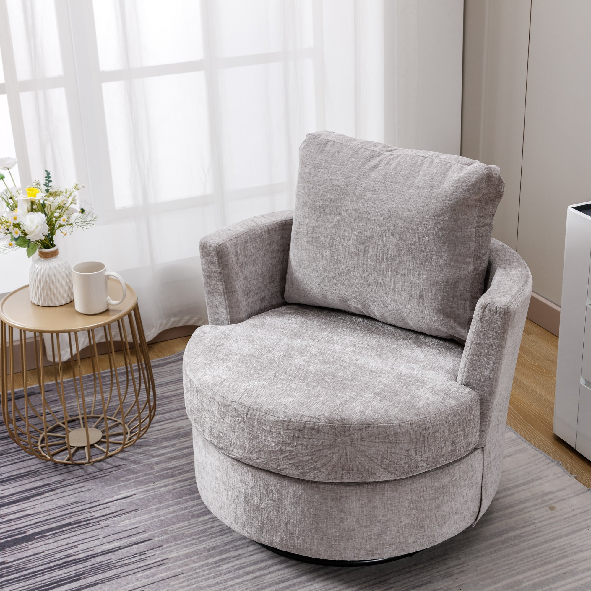 Dinosisco Swivel Barrel Chair, Chenille Accent Armchair for Living Room Bedroom, Beige