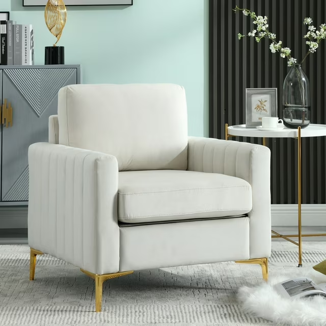 Dinosisco Accent Armchair for Living Room, Modern Upholstered Club Chair in Beige Velvet