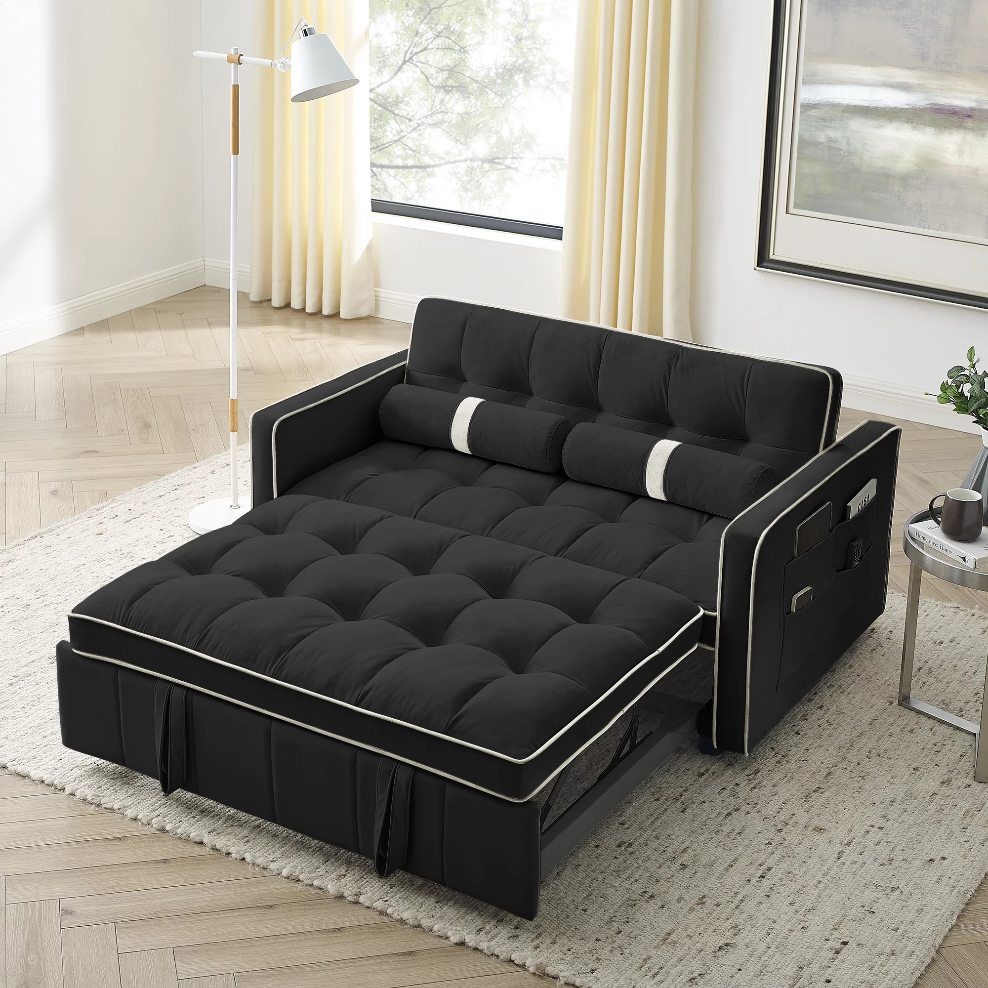 Dinosisco 55" Pull Out Sofa Bed - Tufted Velvet Convertible Loveseat Sleeper Sofa Couch for Living Room, Black