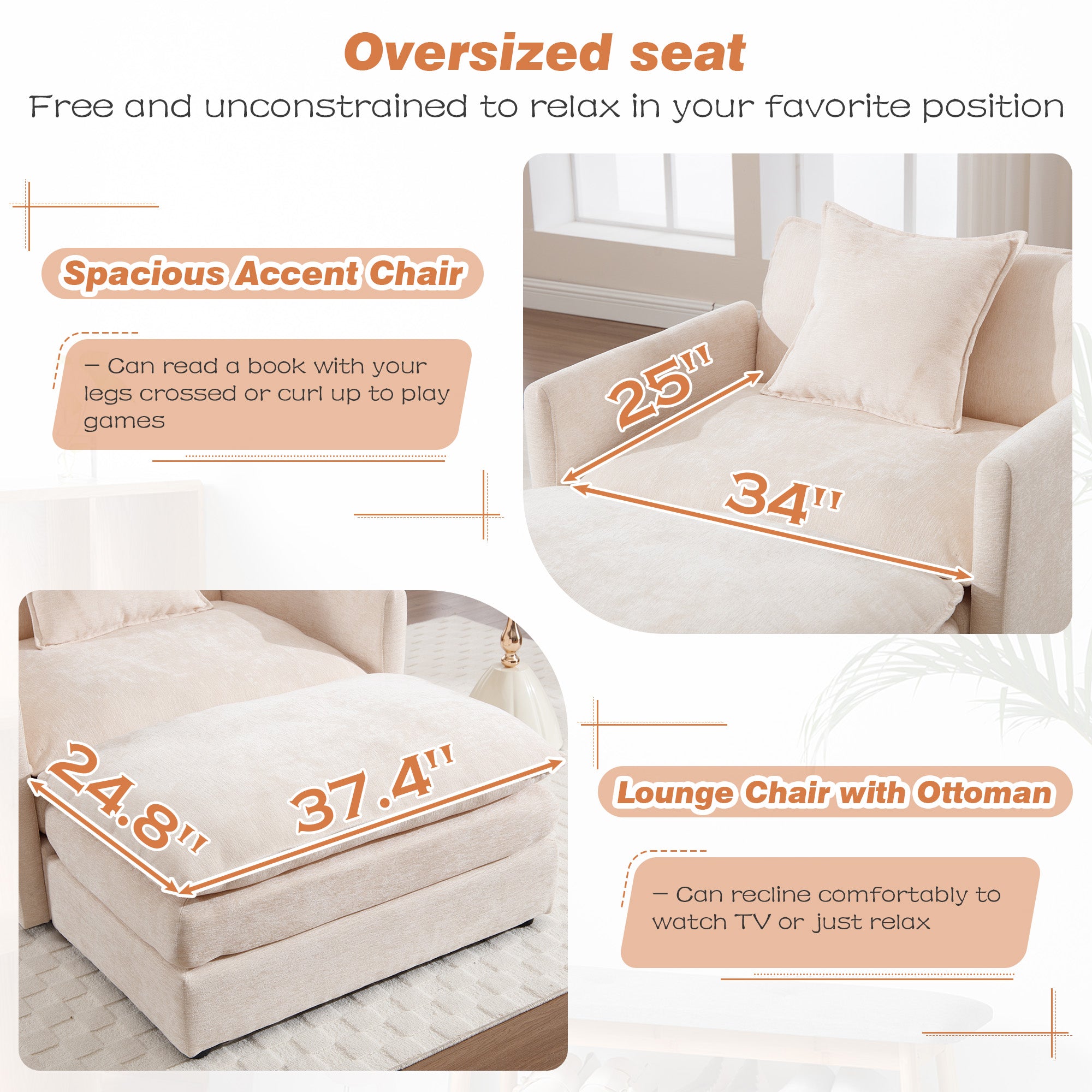 Dinosisco Oversized Lounge Chair with Ottoman, Cloud Accent Armchair for Living Room, Beige Chenille
