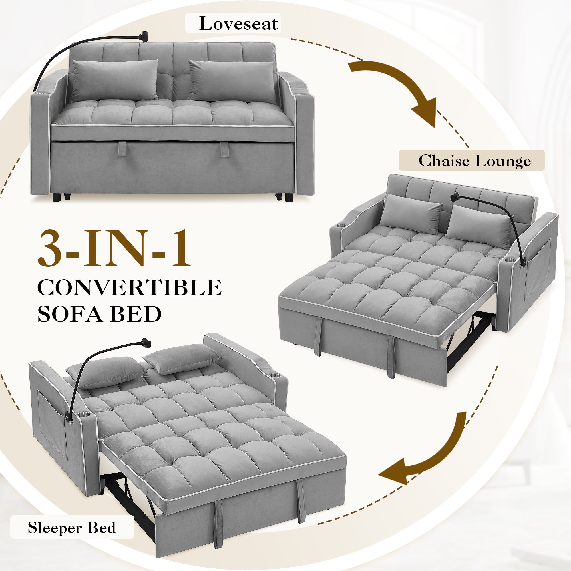 Dinosisco 3-in-1 Convertible Futon Sofa Bed, Loveseat Sleeper with Phone Stand, USB, Gray Velvet