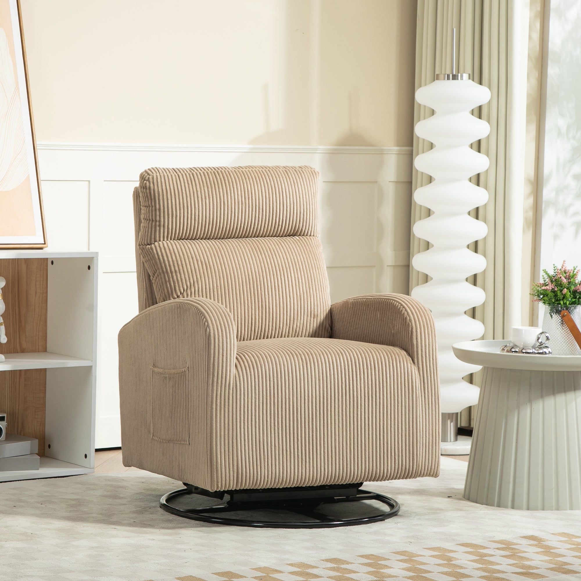 Dinosisco Swivel Glider Rocker for Nursery, Corduroy High Back Rocking Chair in Beige