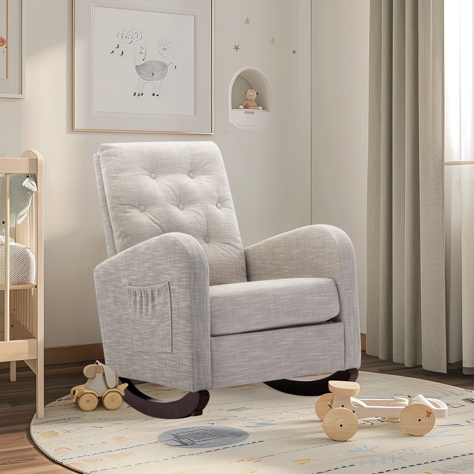 Dinosisco Rocking Chair for Nursery, Upholstered Glider Rocker for Living Room, Beige Linen