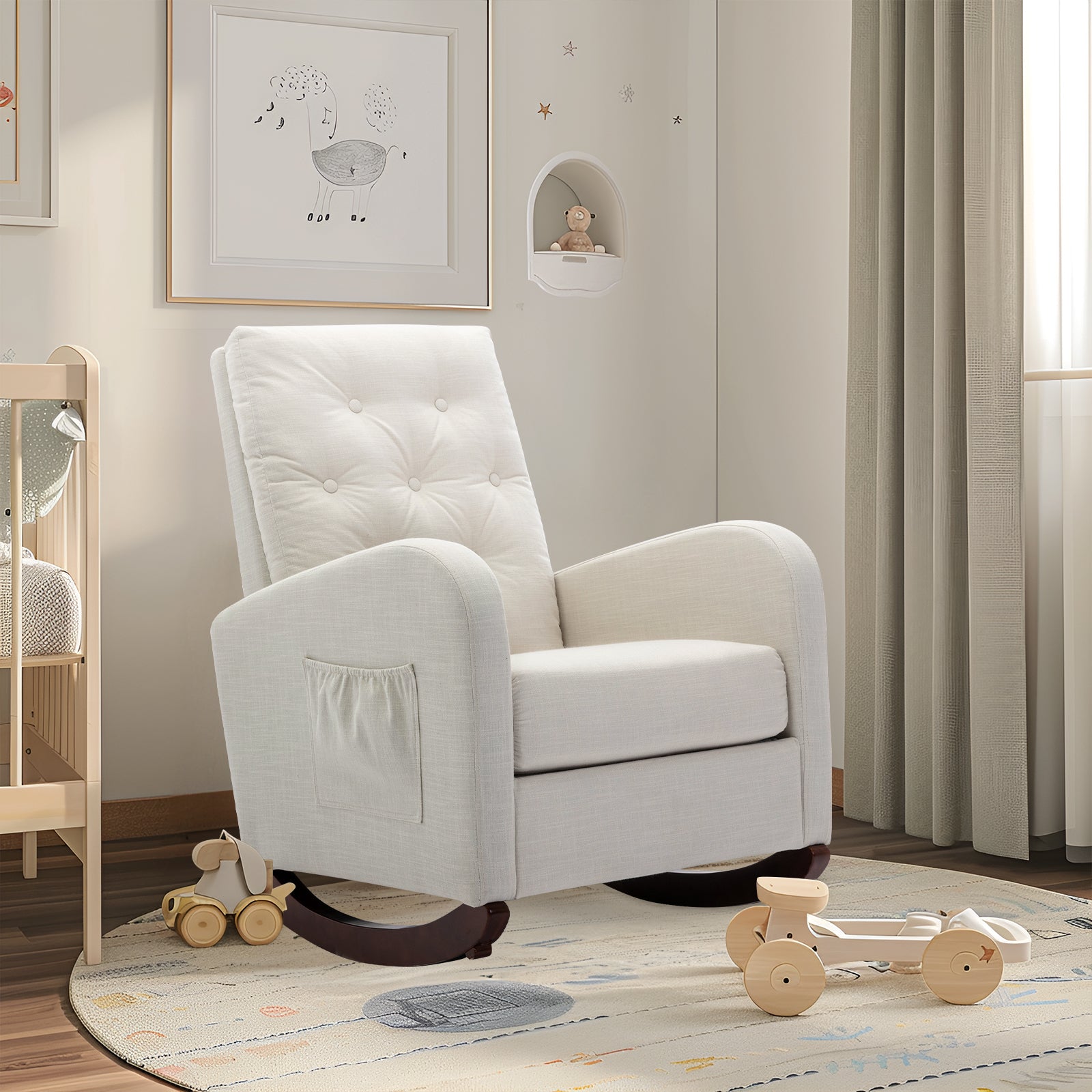 Dinosisco Rocking Chair for Nursery, Upholstered Glider Rocker for Living Room, Beige Linen