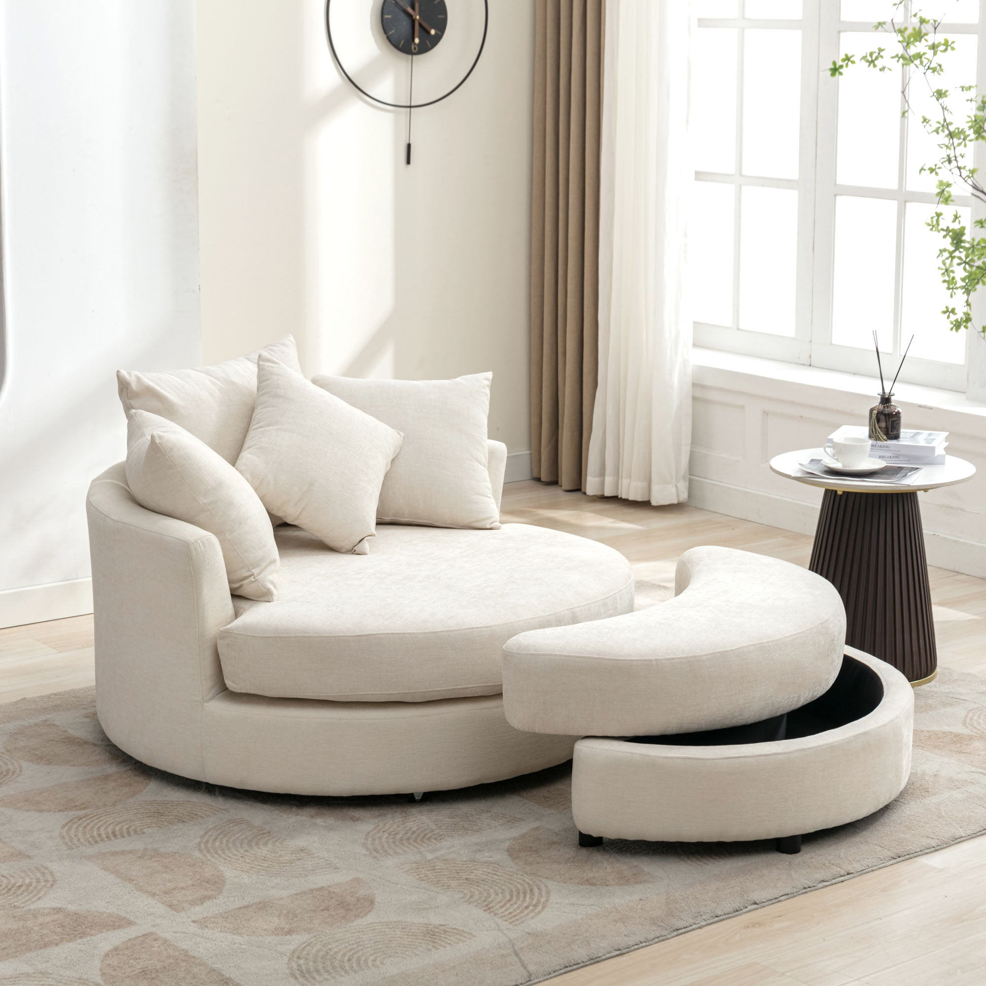 Dinosisco Swivel Accent Barrel Chair with Storage Ottoman & 4 Pillows, Modern Chenille Round Leisure Chair for Living Room, Cream