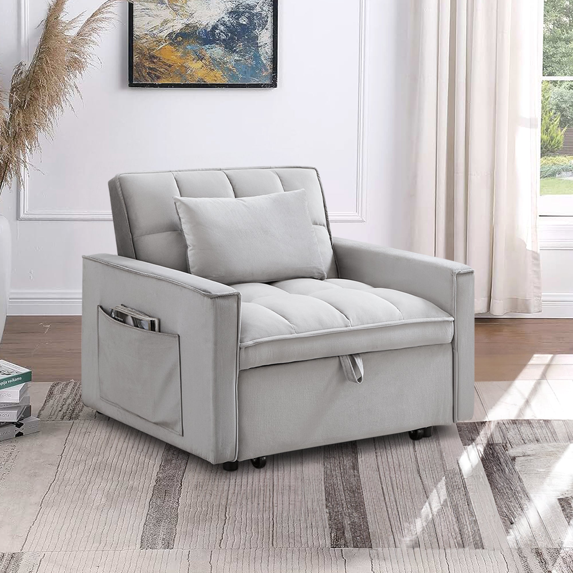 Dinosisco 3-in-1 Convertible Sleeper Sofa Chair Bed, Lounge Chair Indoor, Modern Single Couch for Living Room, Small Spaces, Gray Velvet