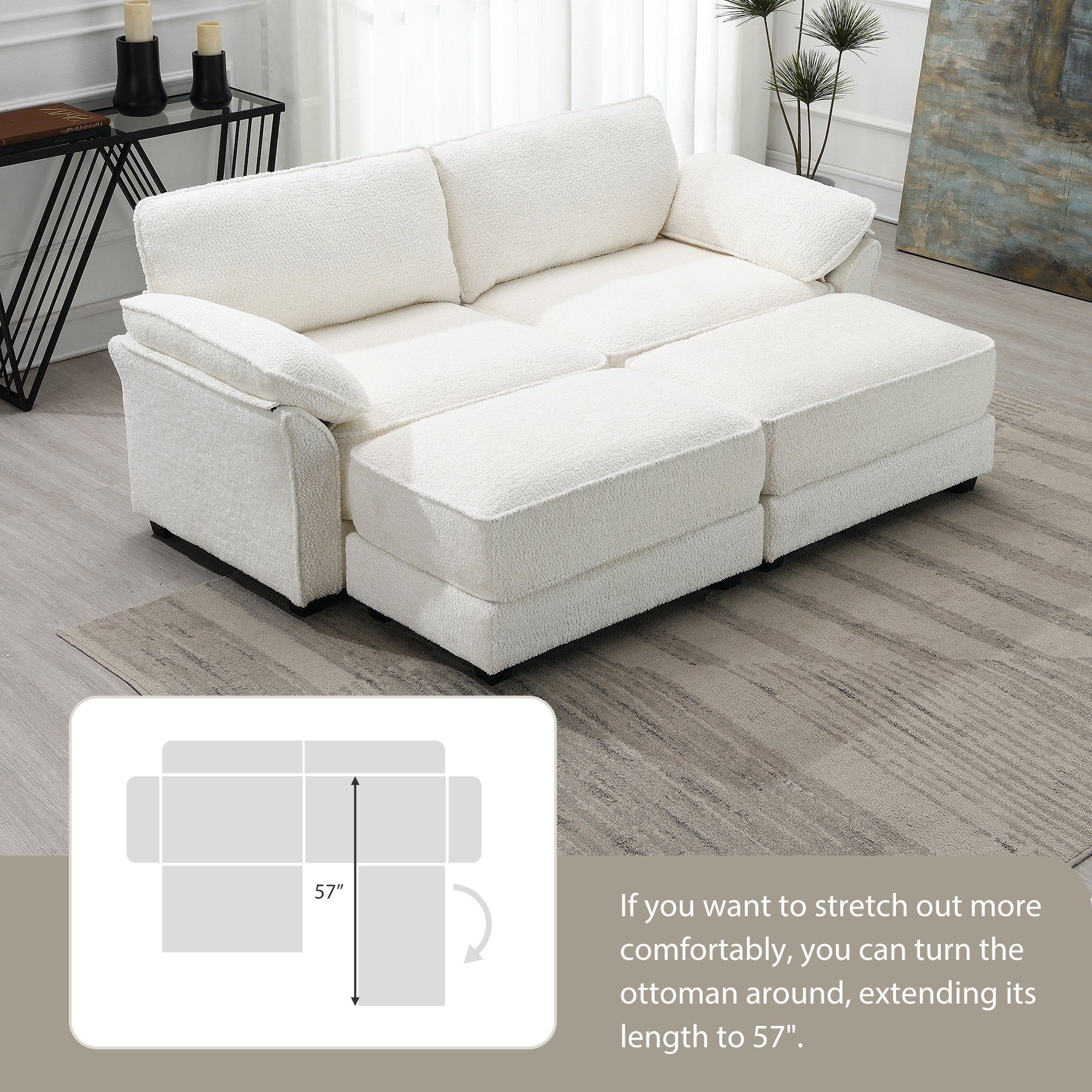 Dinosisco Convertible Modular Sectional Sofa, 4 Seat Upholstered Sleeper Corner Couch, Deep-Seat Loveseat with Ottoman for Living Room, White Chenille