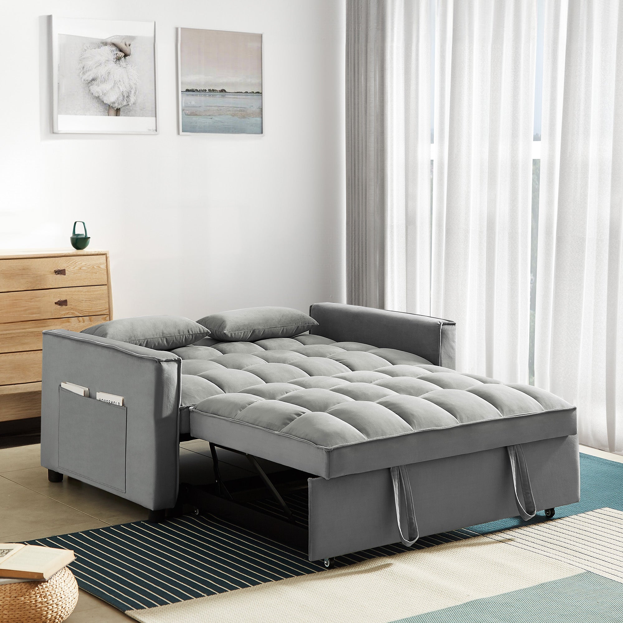 Dinosisco Convertible Sleeper Sofa, 55" Pull Out Sofa Bed - Tufted Velvet, Gray