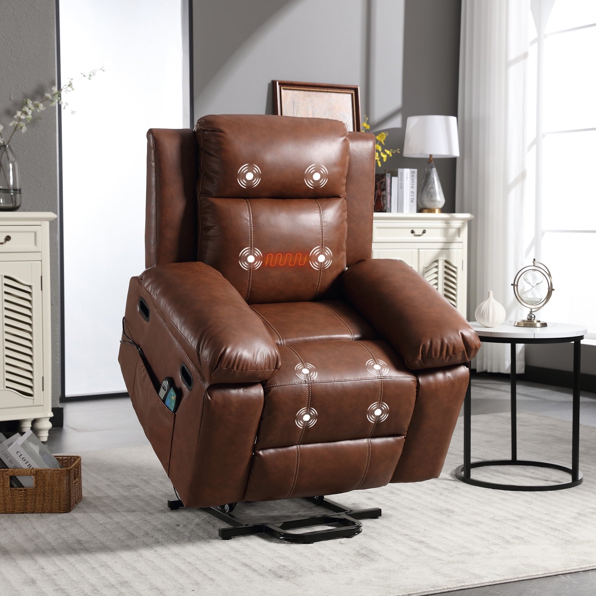 Muumblus Power Lift Recliner Chair Electric Recliners for Elderly, Heat and Massage, PU Leather Sofa Chair for Living Room Bedroom, Gray