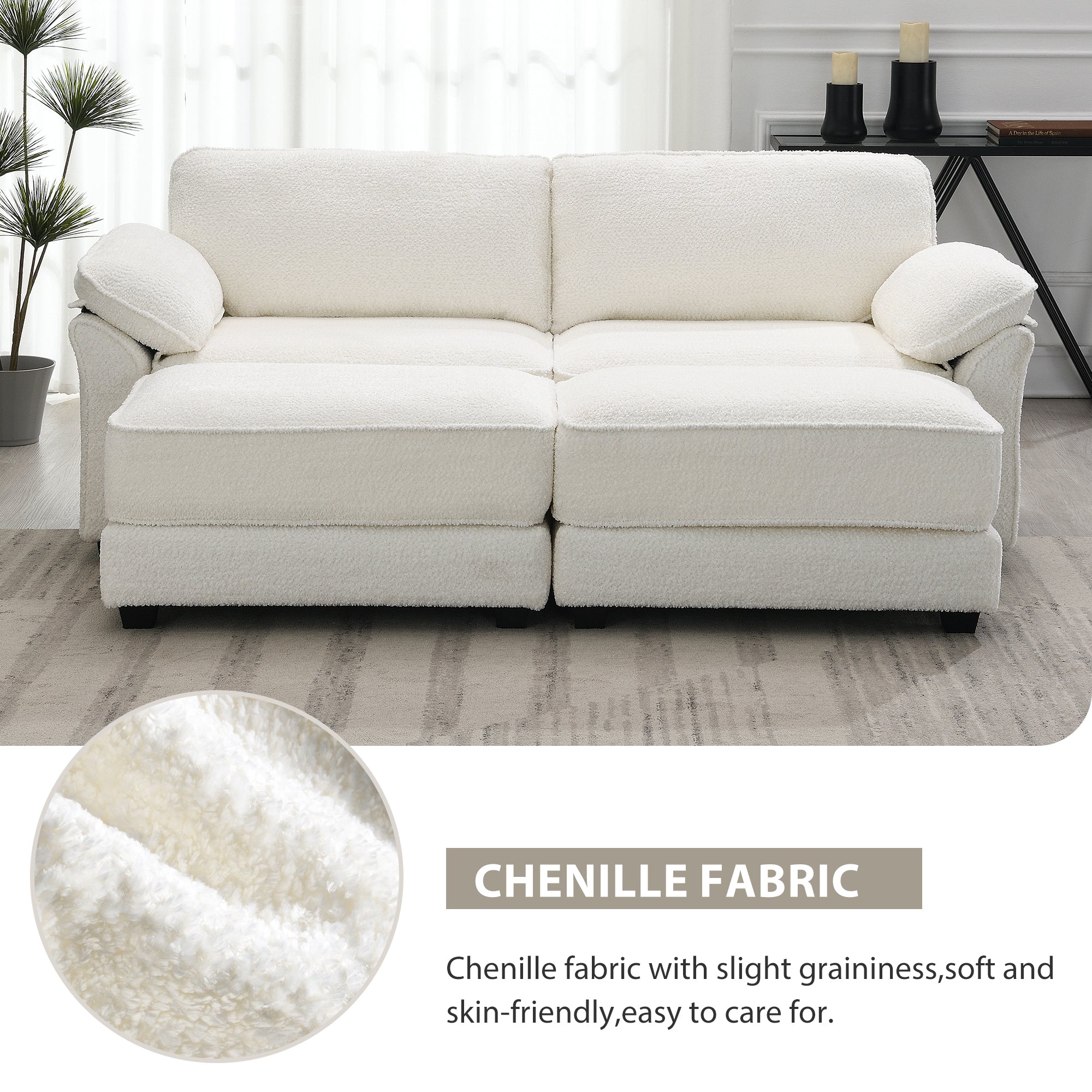 Dinosisco Convertible Modular Sectional Sofa, 4 Seat Upholstered Sleeper Corner Couch, Deep-Seat Loveseat with Ottoman for Living Room, White Chenille