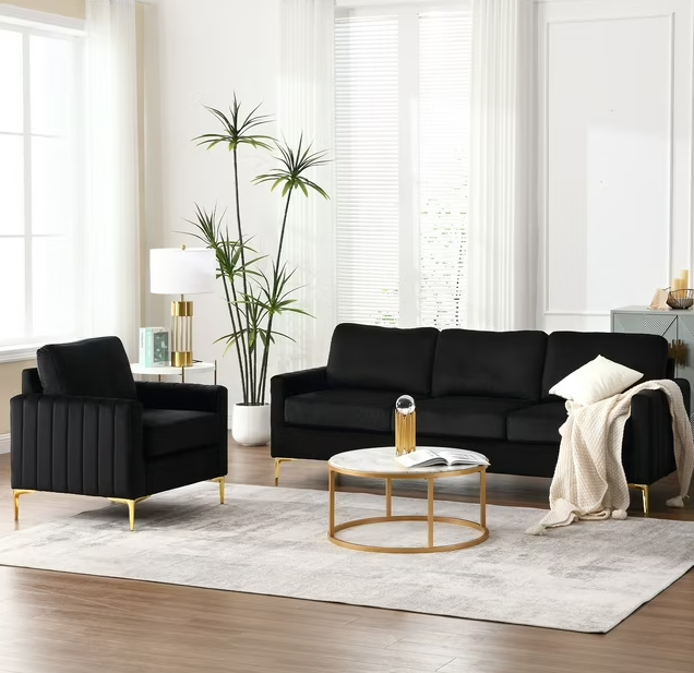 Dinosisco 2 Pieces Velvet Living Room Sets, Loveseat Sofa and 3-Seater Couch, Beige