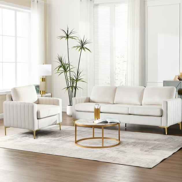 Dinosisco 2 Pieces Velvet Living Room Sets, Loveseat Sofa and 3-Seater Couch, Beige