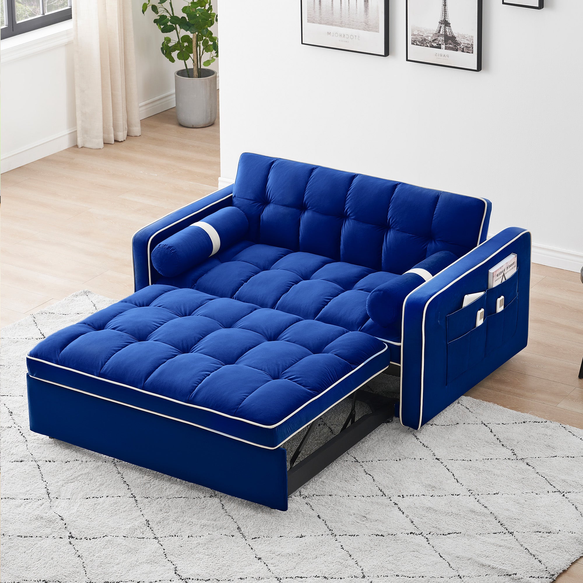 Dinosisco 55" Pull Out Sofa Bed - Tufted Velvet Convertible Loveseat Sleeper Sofa Couch for Living Room, Black