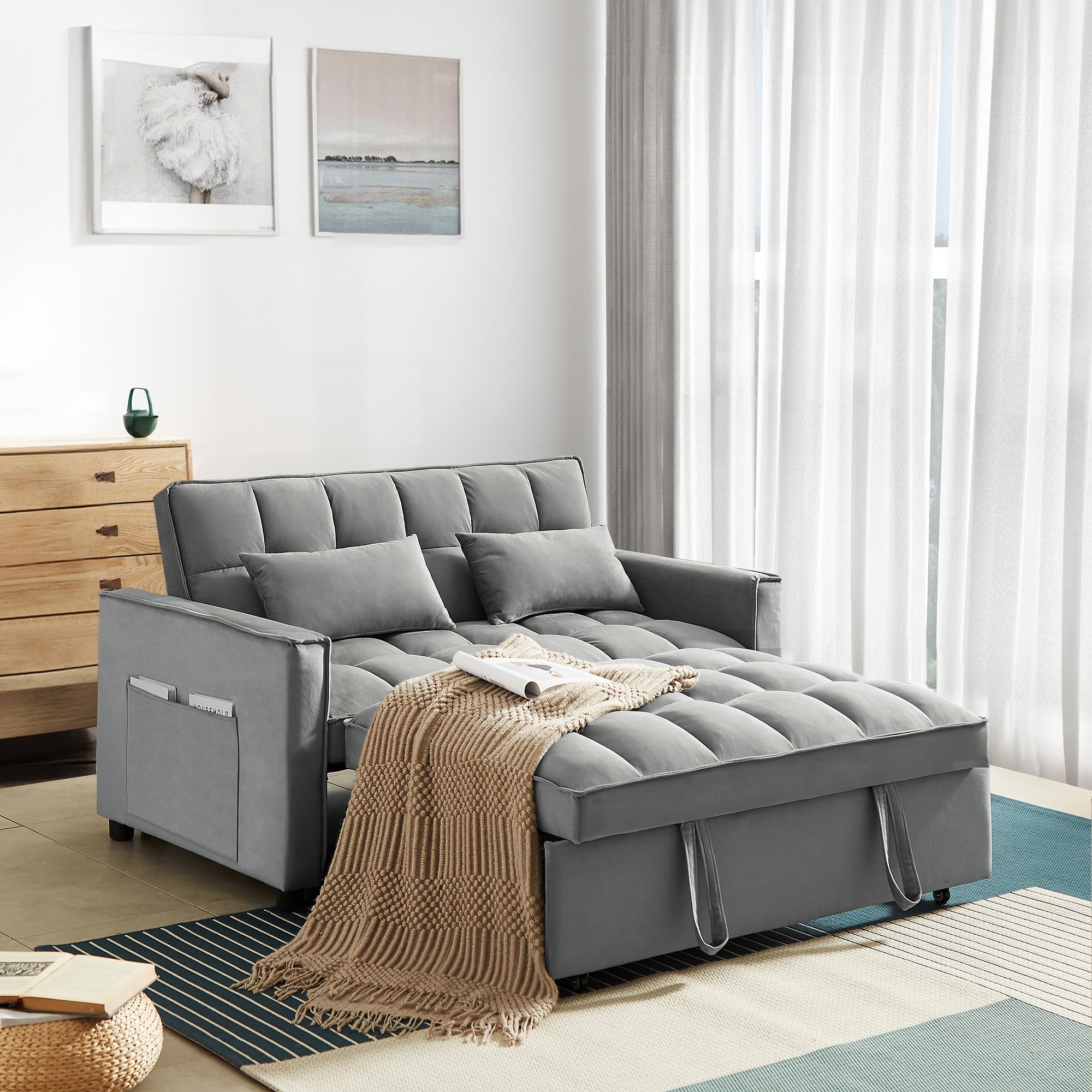 Dinosisco Convertible Sleeper Sofa, 55" Pull Out Sofa Bed - Tufted Velvet, Gray