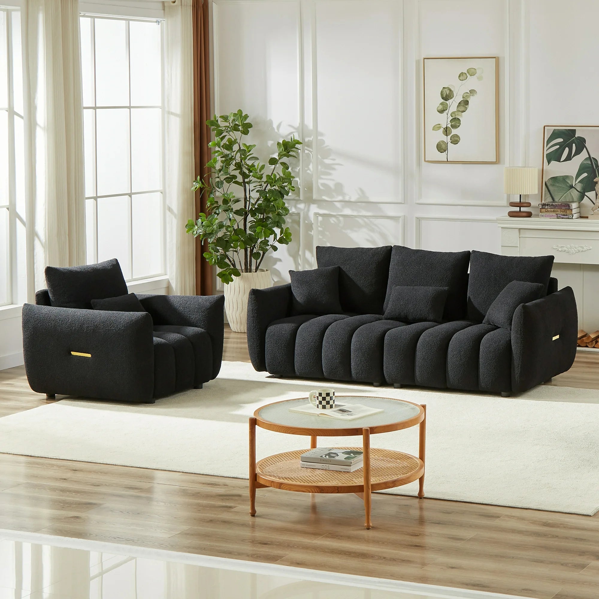 Dinosisco Pure 2 Pieces Living Room Furniture Set, Single Sofa Chair and 3-Seater Sofa, Black Teddy