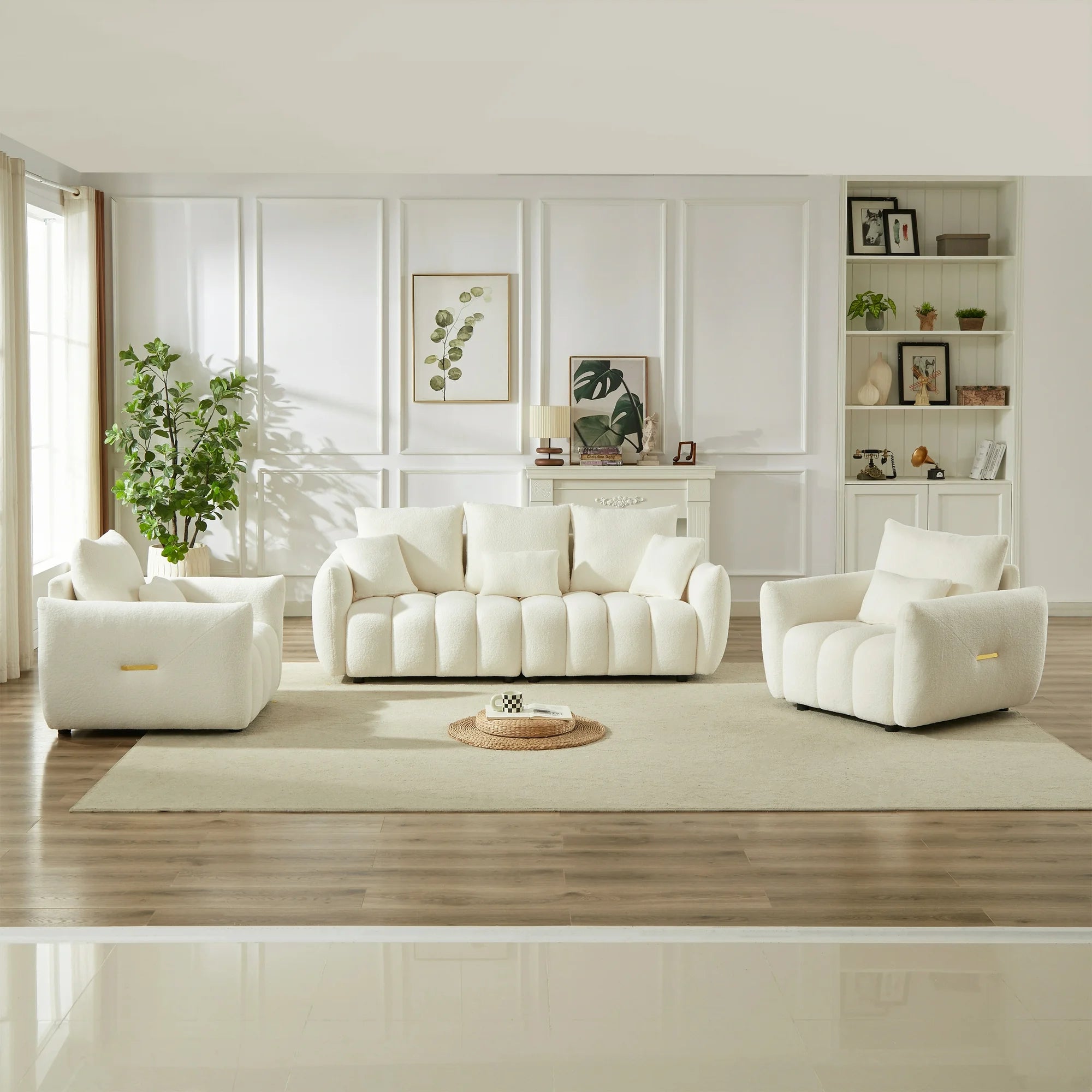 Dinosisco Pure 3 Pieces Living Room Furniture Set, Two Single Sofa Chairs and A 3-Seater Sofa, Beige Teddy