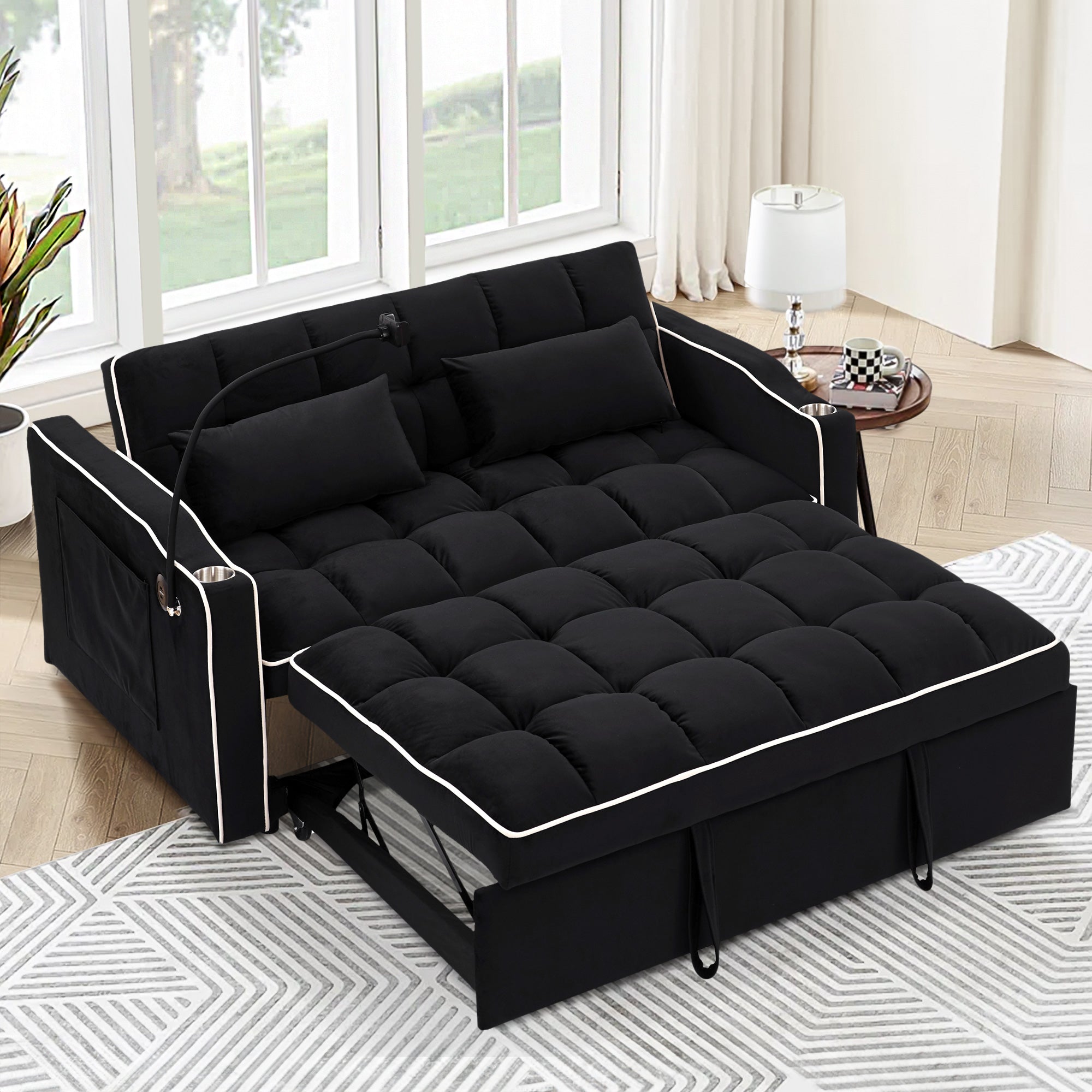 Dinosisco 3-in-1 Convertible Futon Sofa Bed, Loveseat Sleeper with Phone Stand, USB, Gray Velvet
